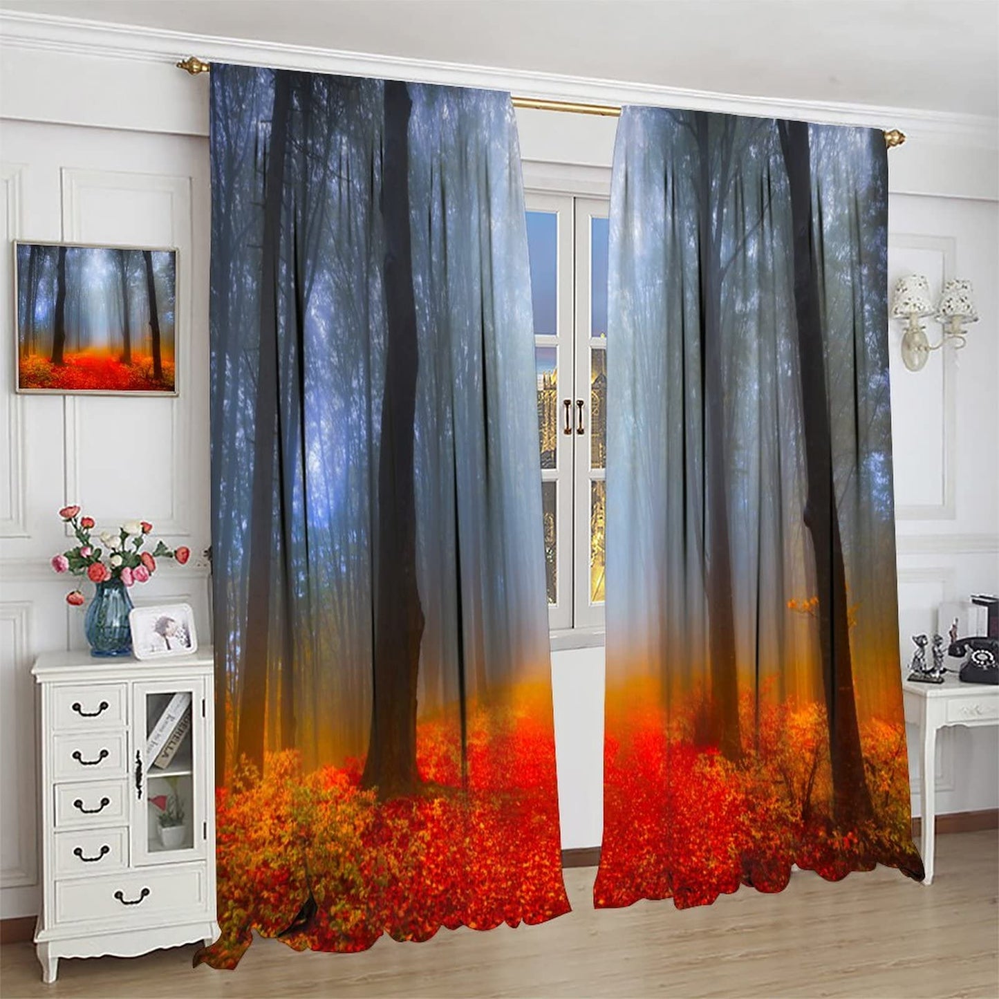 DDCBNS Autumn Forest Curtains,Misty Forest Red Fall Leaf Landscape Décor Curtains for Bedroom Living Room Kitchen Drapes 2 Panel Set,Total Size 42" x 45"