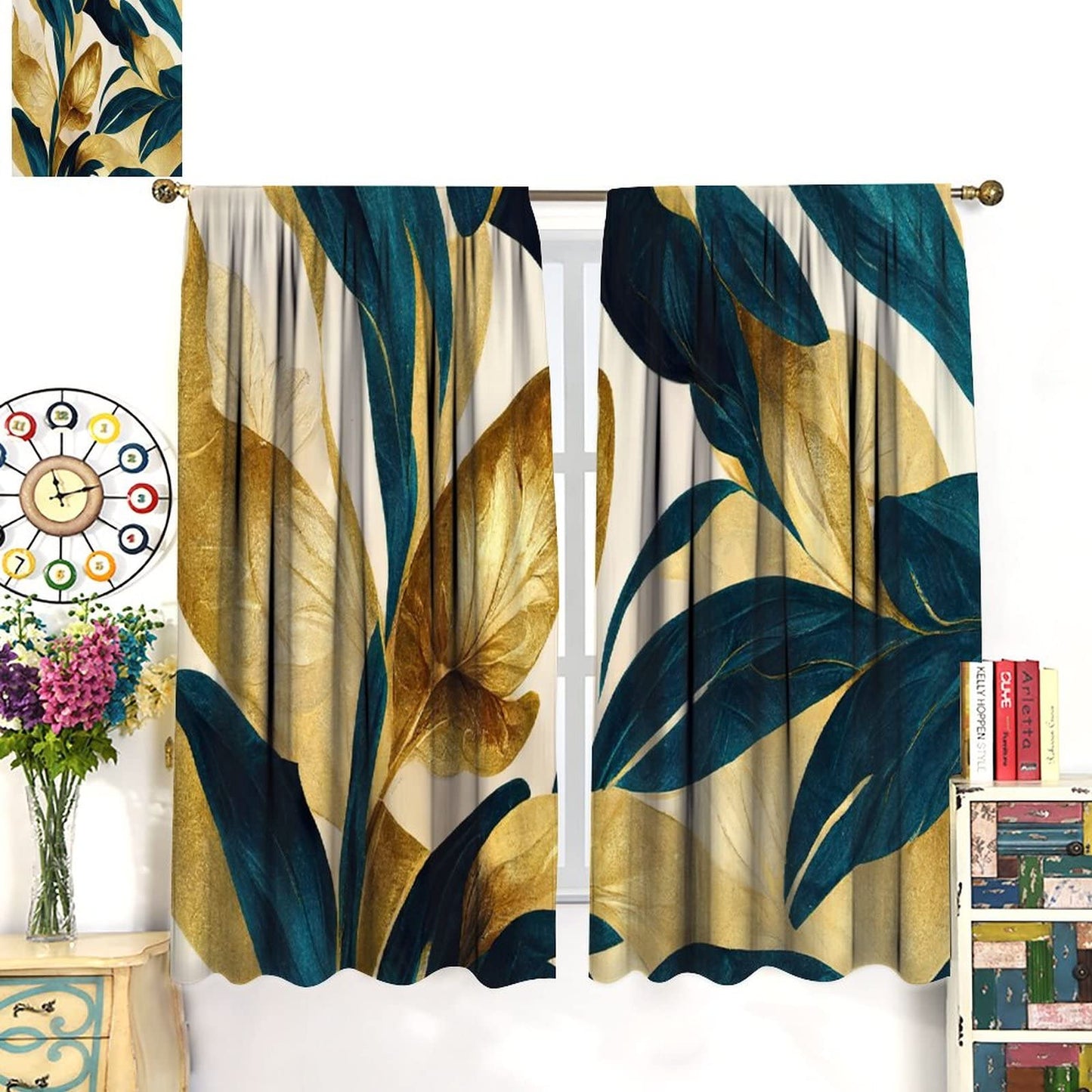 JESTRONRY Abstract Floral Curtains,Elegant Green Gold Summer Plant Printed Patterns Rod Pocket Window Drapes for Living Room Bedroom Bathroom Decor W42xL45in