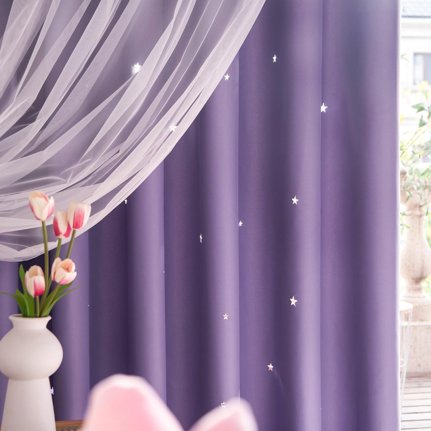 Loyala Stars Curtains for Kids, Double Layer Curtains, Blackout Curtains for Bedroom, Kids Curtains, Cute Curtains, Kids Blackout Curtains, Set of 2 Panels, Purple Curtains, 52 X 63 Inches