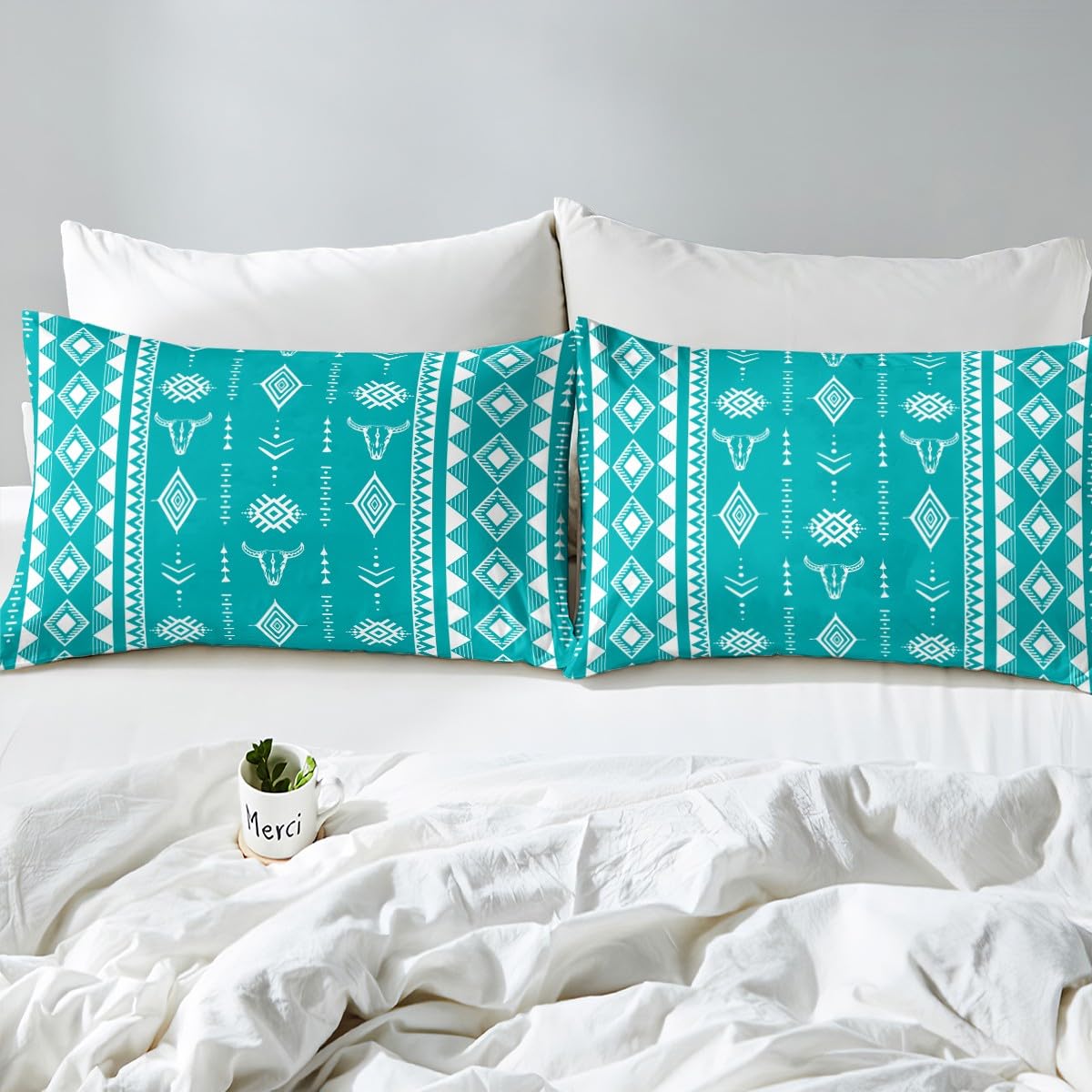 Erosebridal Western Aztec Boho Flat Fitted Sheet, Bull Skull Bed Sheets Set Full Size for Boys Girls Men Women Home Decor, Southwestern Cowboy Bedding Set, Ethnic Horns Bed Sets
