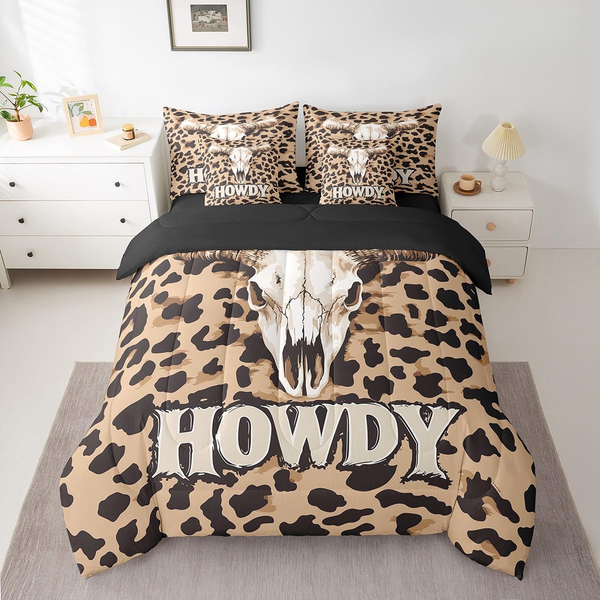 jejeloiu Cow Skull Comforter Set with Sheets Twin Size Kids Longhorn Skull 7 Pieces Bedding Set for Boys Girls Teens Leopard Print Bed in a Bag Breathable Western Bed Set Brown Black