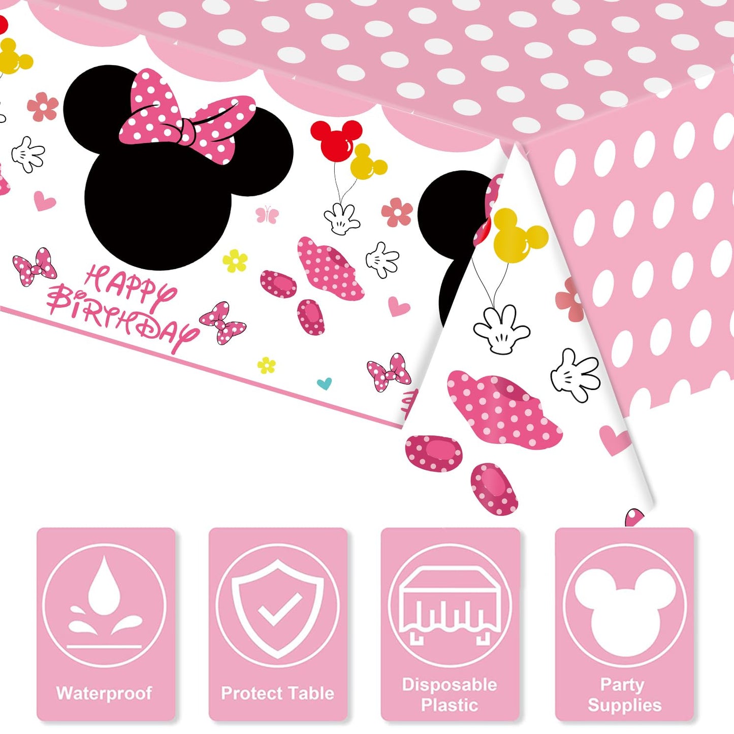 Nyhpar 3 Packs Pink Mouse Tablecloth, Pink Polka Dot Table Cloths Disposable Plastic Cartoon Table Covers for Girls 1st 2nd 3rd Party Decorations Supplies, 86.6 x 51.2in