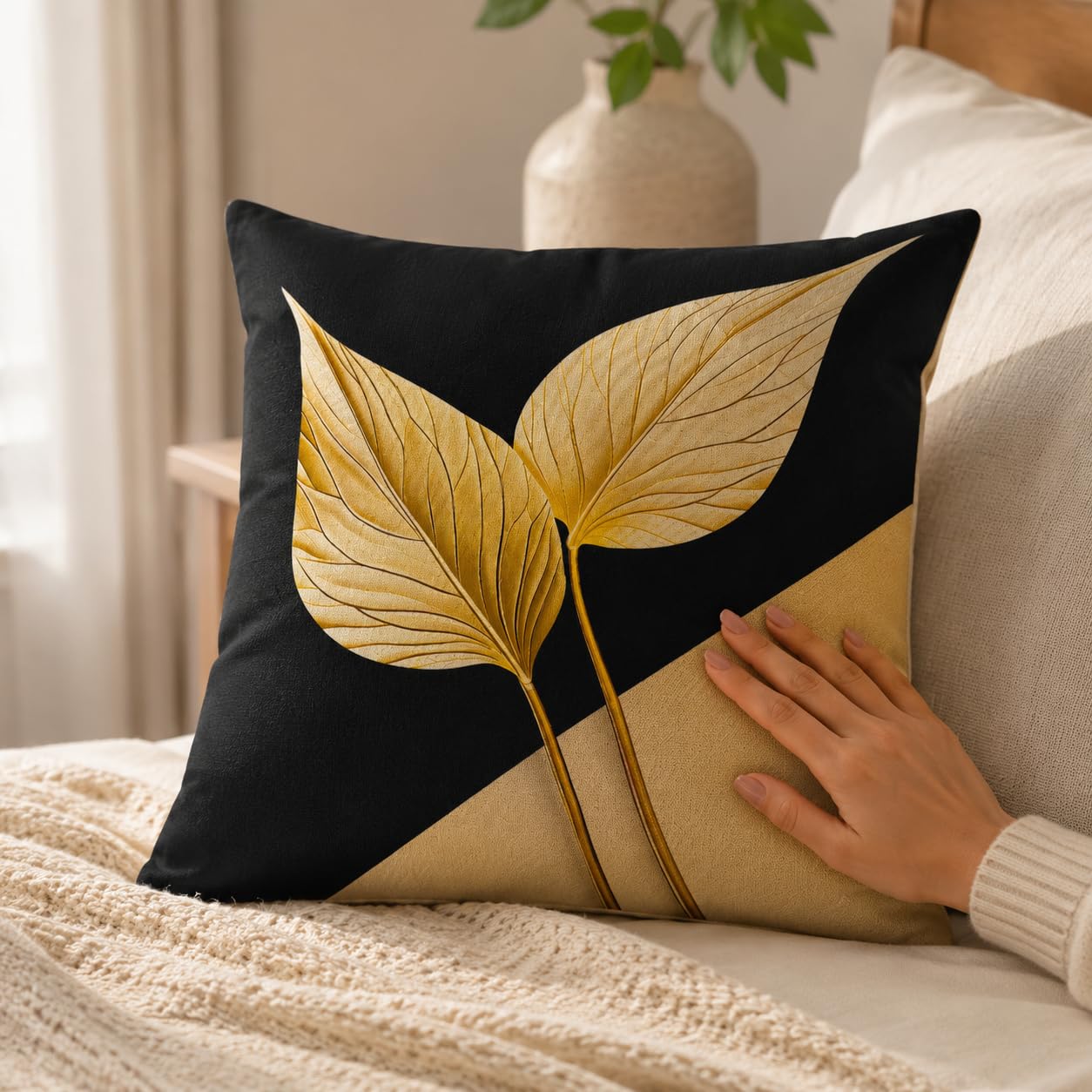 avpdupu Floral Pillow Covers 18x18 Inch Linen Set of 2 - Black and Gold Pattern Throw Pillow Covers for Sofa, Decorative Cushion Covers for Living Room and Outdoor Use