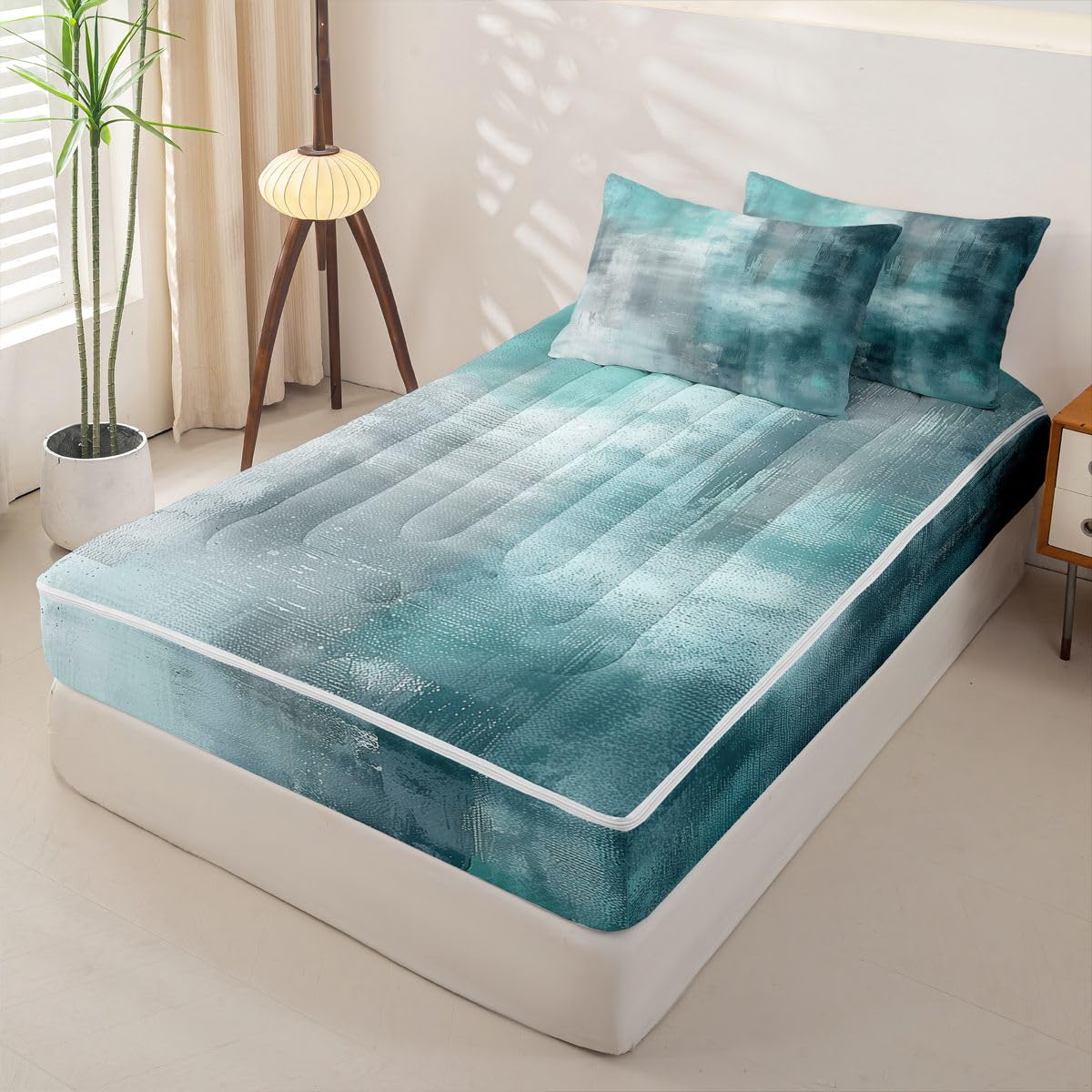 jejeloiu Abstract Twin Zipper Bedding Set Modern Art Kids Comforter Set with Fitted Sheet and 2 Pillowcases Cyan Bed in a Bag Zip Up Bedding Soft Microfiber