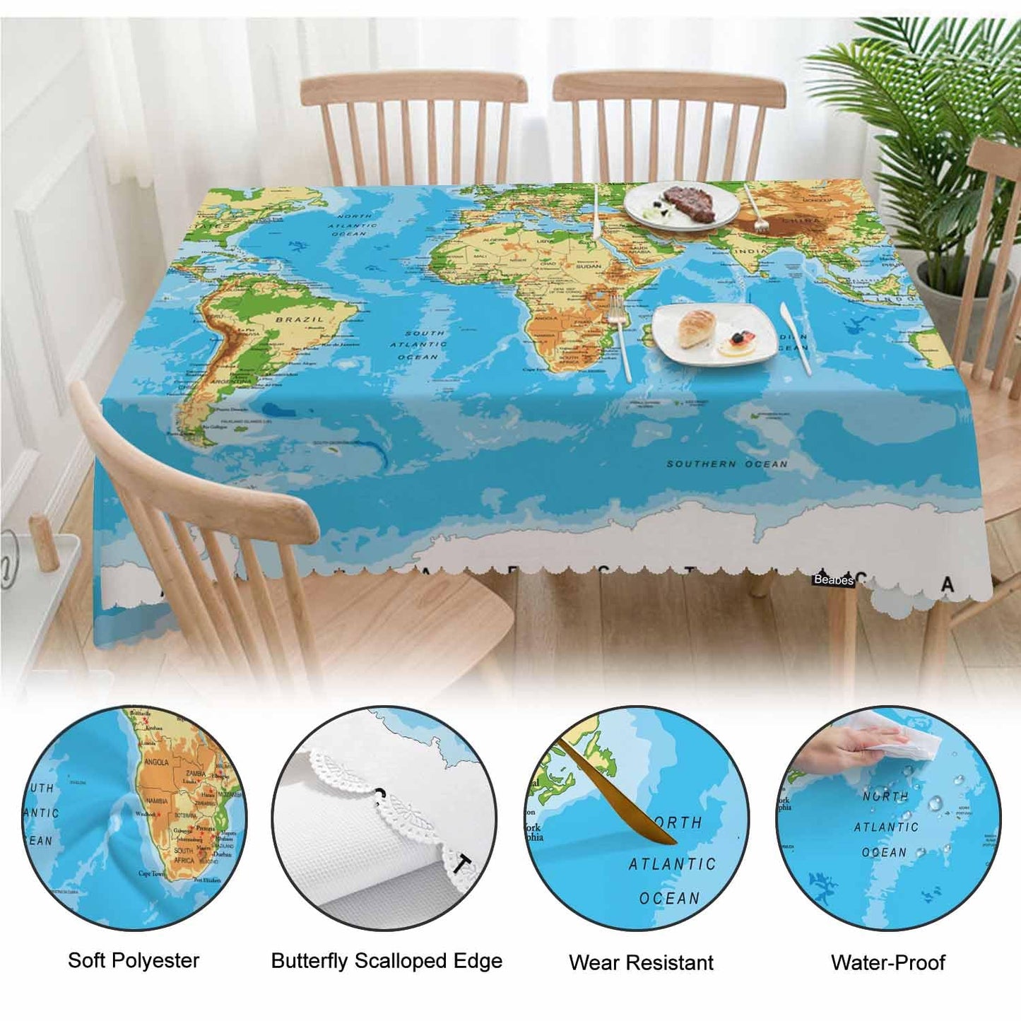 Beabes Tablecloth World Map 52 X 70 Inch, Physical World Map Blue Oblong Table Cloths Anti-Shrink Decorative Table Cover for Kitchen Dinning Tabletop Outdoor Picnic BBQ