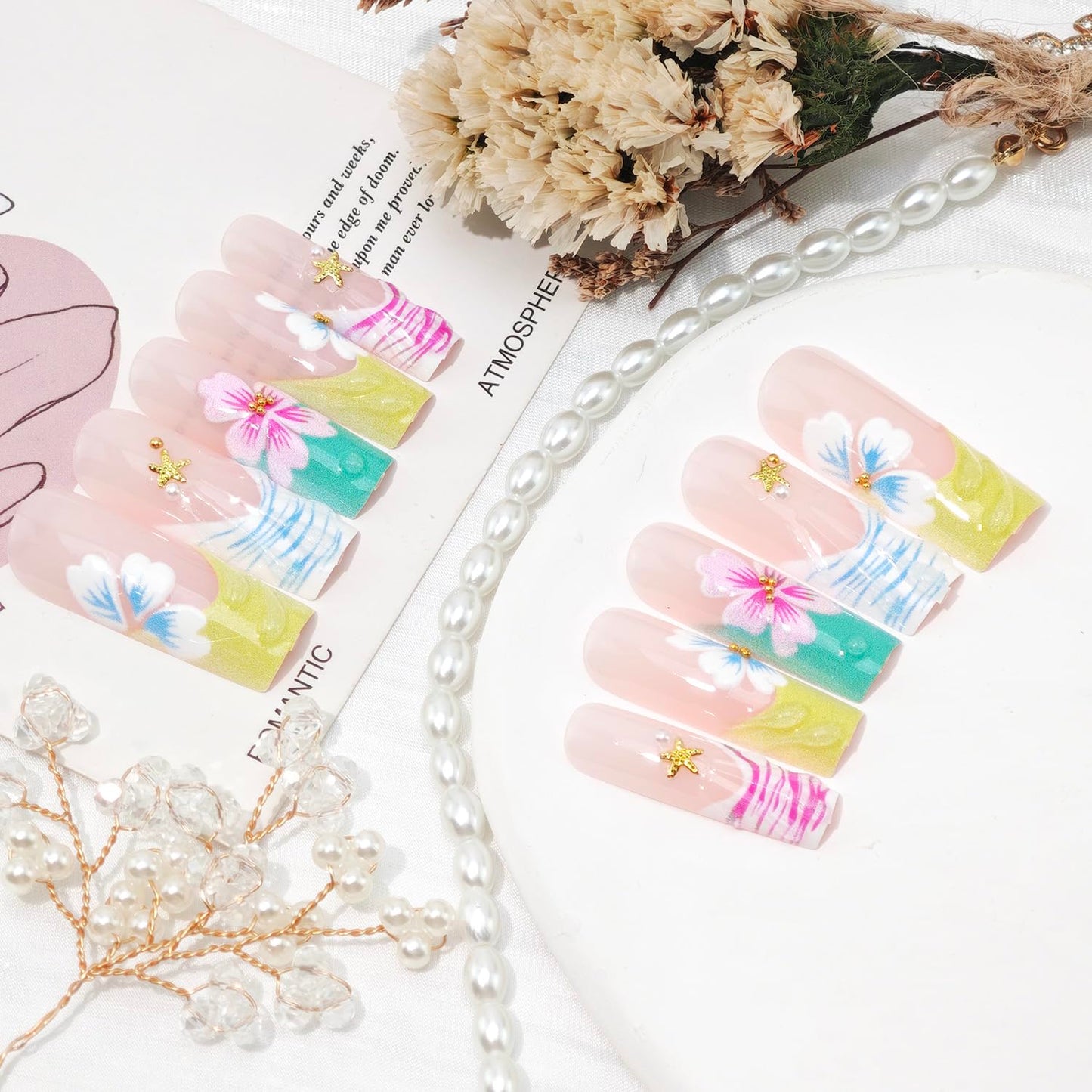 24Pcs Long Square Press on Nails Spring Floral Fake Nails with 3D Flower Starfish Pearl Rhinestones Designs Glitter Full Cover Nude Pink Glue on Nails Cute False Nails for Women Acrylic Manicure Decor