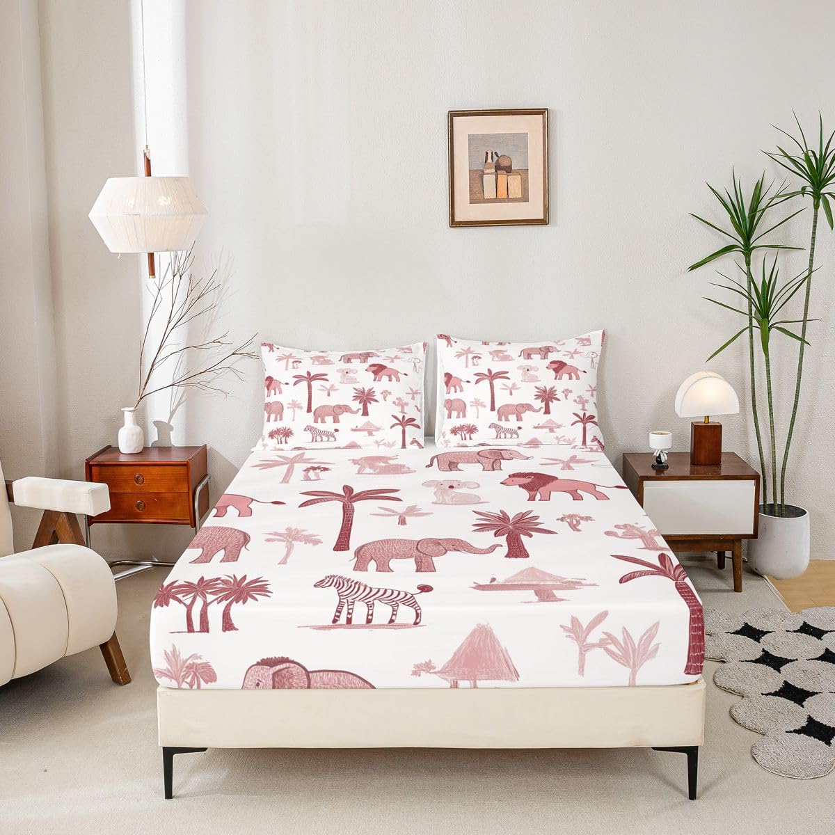 Erosebridal Jungle Animals Sheet Set Full Red Pink Bed Sheets for Kids Boys Girls African Safari Animal Flat Fitted Sheet Elephant Lion Giraffe Animal Sheets 3 Pcs