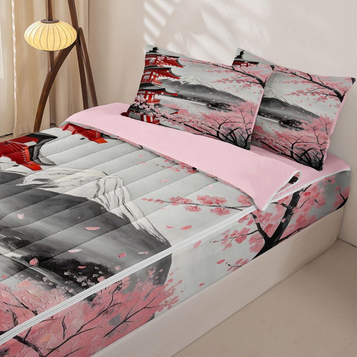 Erosebridal Japanese Cherry Blossom Kids Bedding Set Full Pavilions Mount Fuji Zipper Comforter Set for Boys Girls Teen Pink Sakura Floral Zip Up Bedding Oil Painting Bed in a Bag Set