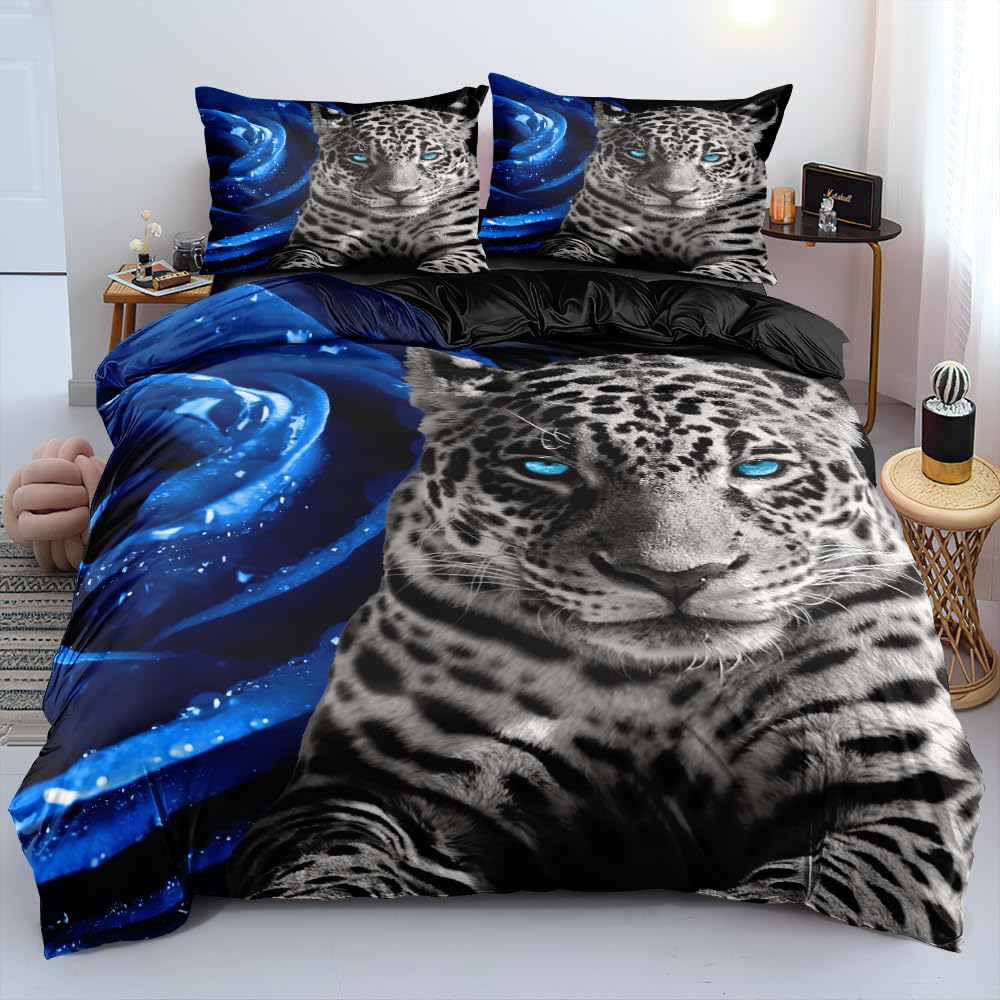 Holiyjog Animal and Blue Roses King Duvet Cover Set Flowers Comforter-Cover and Pillowcases Black Background Cheetah Print Bedding Set Leopard Bedroom Decor