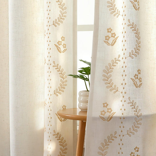Joydeco Gold Embroidered Curtains 84 Inch Long 2 Panel Set, Vintage Floral Linen Drapes for Living Room Bedroom, Light Filtering Cottage Curtain with Back Tab Rod Pocket (84" L x 50" W)