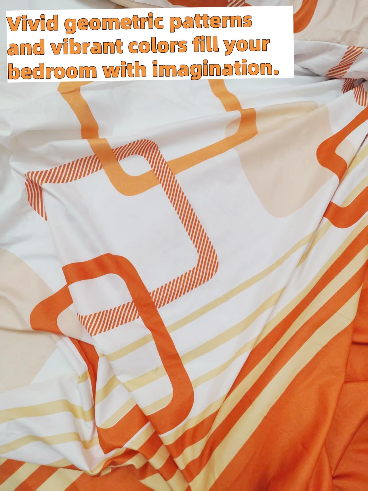 6Pcs Bed Sheet Set Queen Size, Orange White Geometric Soft Microfiber Bedding Sets with 1 Square Rectangle Patterned Sheet 1 Deep Pocket Fitted Sheet and 4 Pillowcases