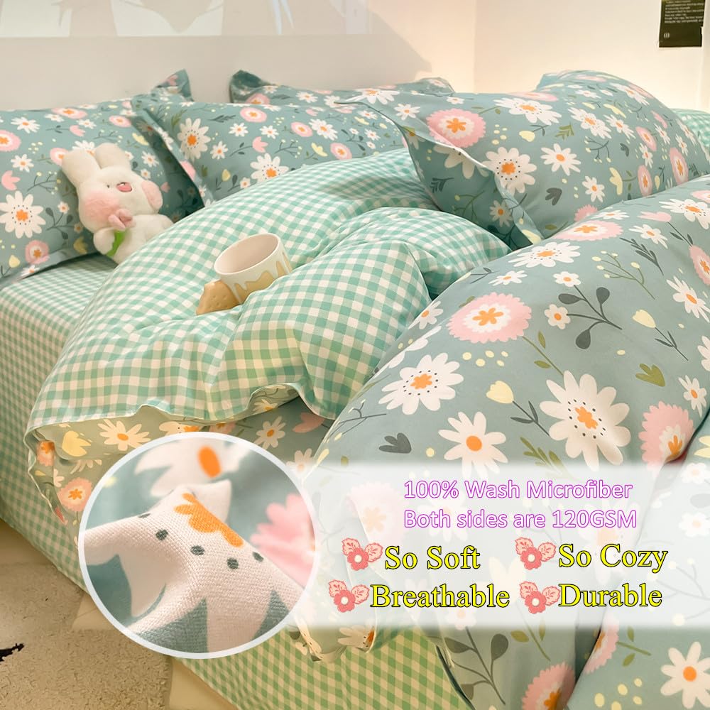 CinYana Sage Green Duvet Cover,Botanical Daisy Floral Duvet Cover Set,3 Pcs Kids Comforter Cover Set,Garden Flower Bedding Set,Soft Reversible for Girls Women Boys(Flowers,Twin)