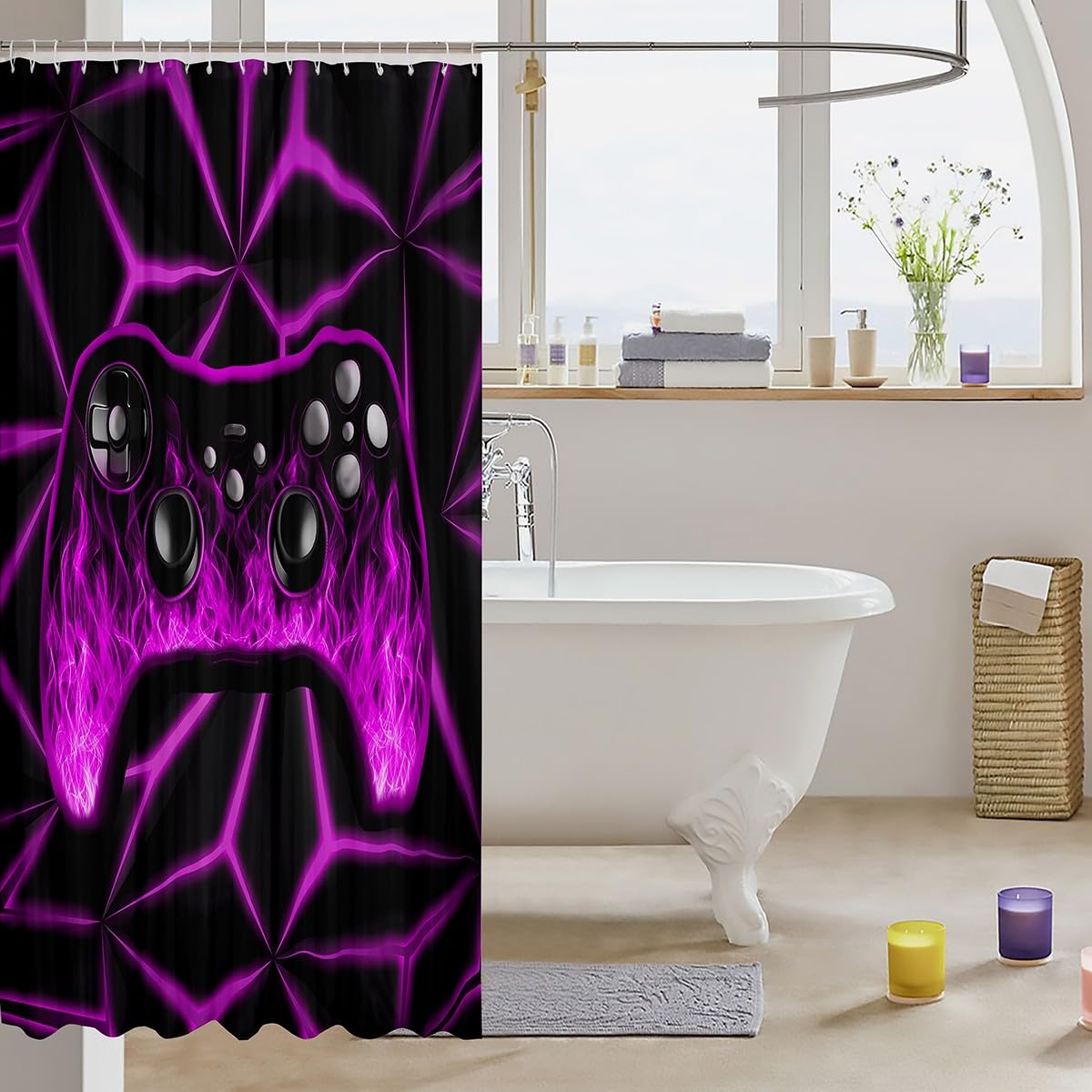 Erosebridal Game Bath Curtain for Boys Kids Game Bathroom Decor Shower Curtain for Lovers,Flame Consoles Bathroom Decor Purple Video Waterproof 3D Geometric Gaming,72" W x 72" L