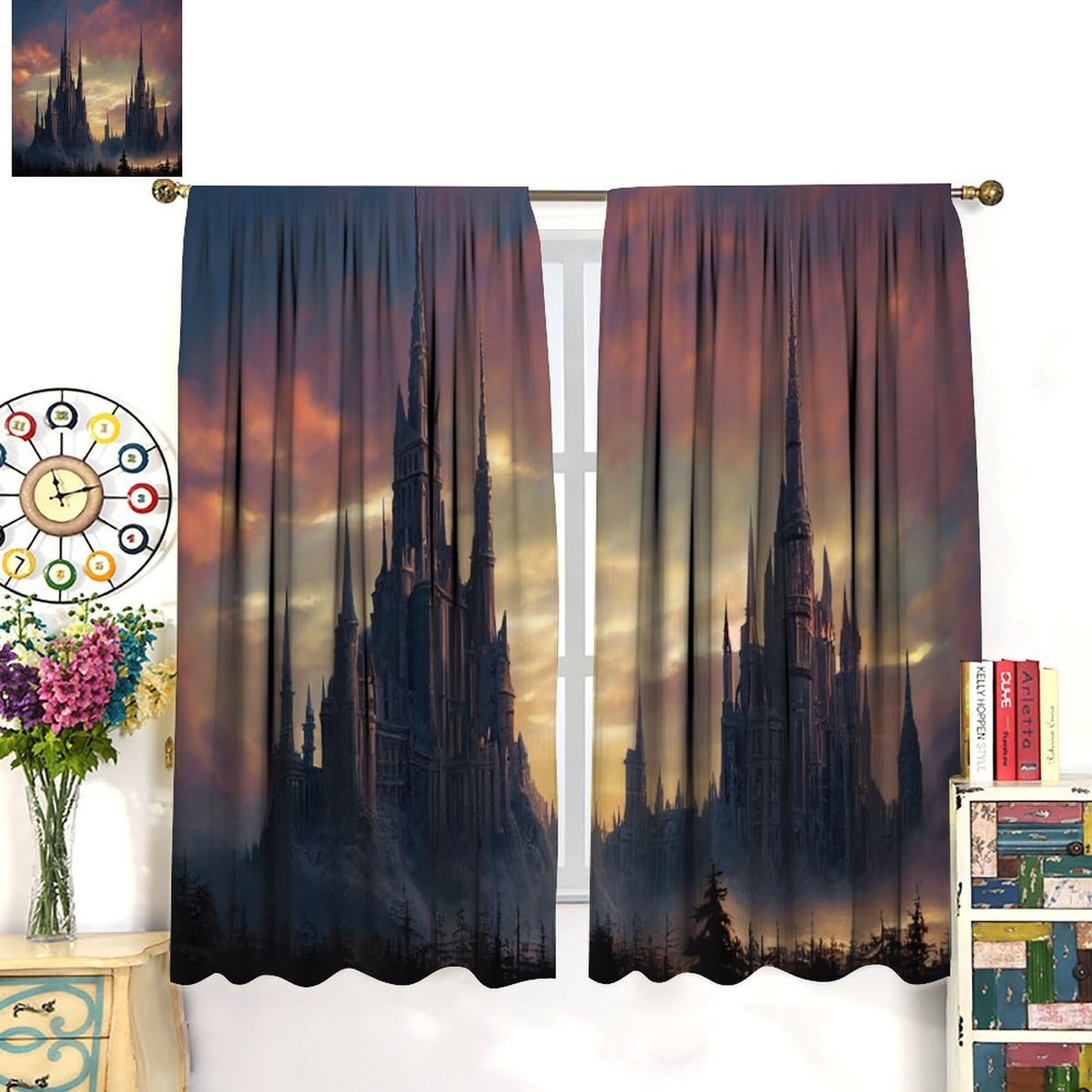 HZOHNAGO Castle Curtain Gothic Castle Dark Forest Pattern Print Decor Rod Pocket Window Drapes for Bedroom Living Room 42x45in