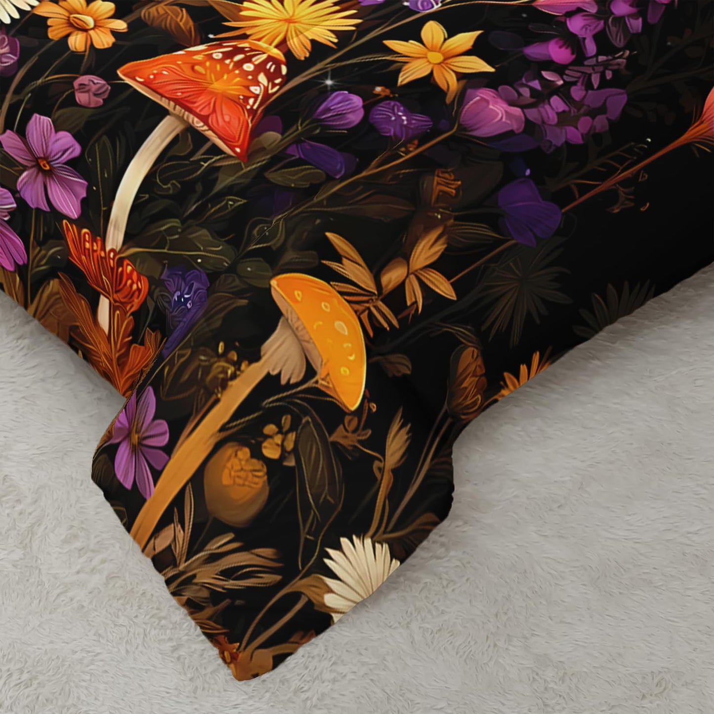 AILONEN Crescent Moon Garden Twin Comforter Set 3 Piece, Black Wildflower Bedding, Starry Mushroom Meadow, Dorm Bedroom, 2 Pillowcases