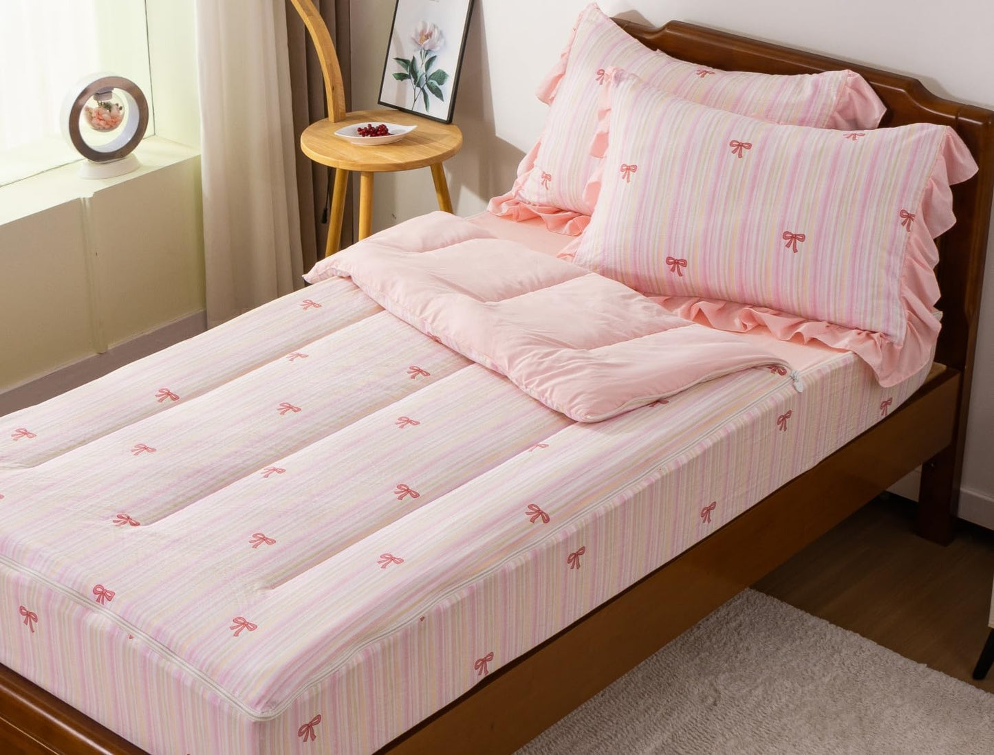 Meeting Story 3pcs Kids Comforter Set Twin Zipper Bedding Set for Girls,Bow Bedding Set Princess Comforter Set for Kid,All in one Zipper Bedding（Lightpink,Twin）