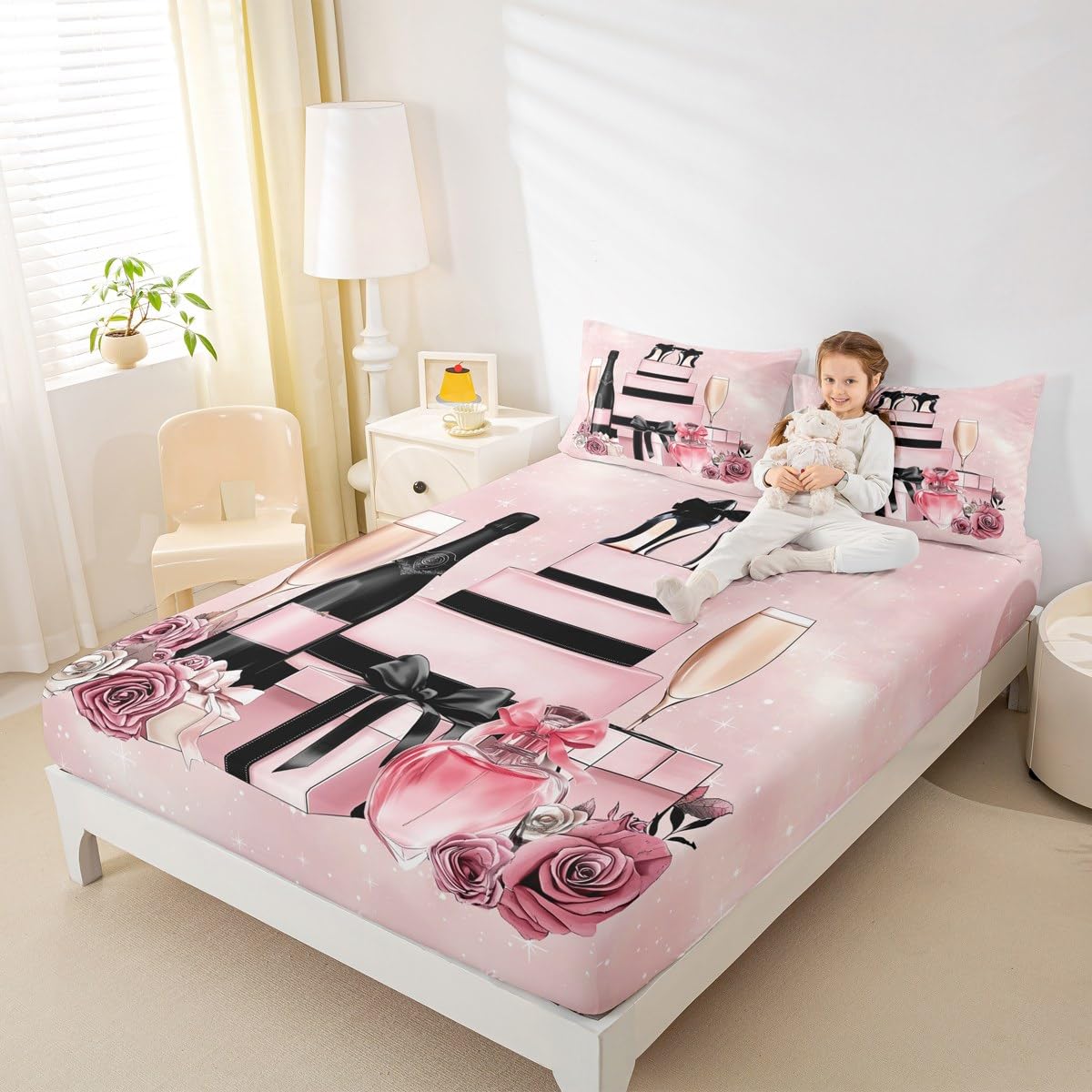 Erosebridal Pink Fashion Girly Bed Sheets King Retro Rose Floral Sheet Set for Girls Women Kids Teens High Heel Perfume Sheets Modern Coquette Bow Trendy Elegant Aesthetic Bedding Set,Pink and Black