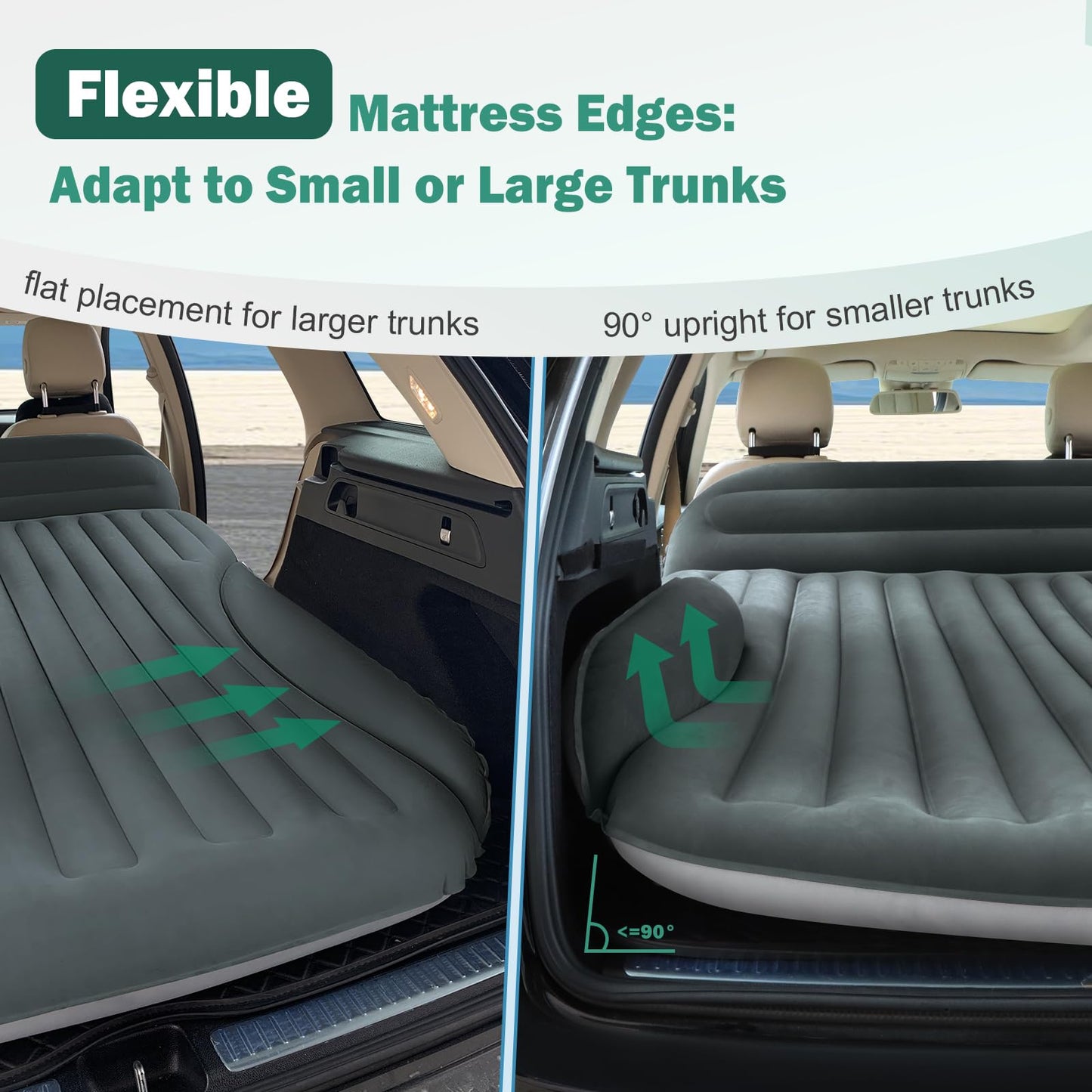 Ciremiv SUV Air Mattress, Double-Sided Thick Flocked Car Air Mattress with Built-in Pump & Pillow, Complete Sleeping Accessories for Auto Camping & Road Trips（Green+Charcoal）