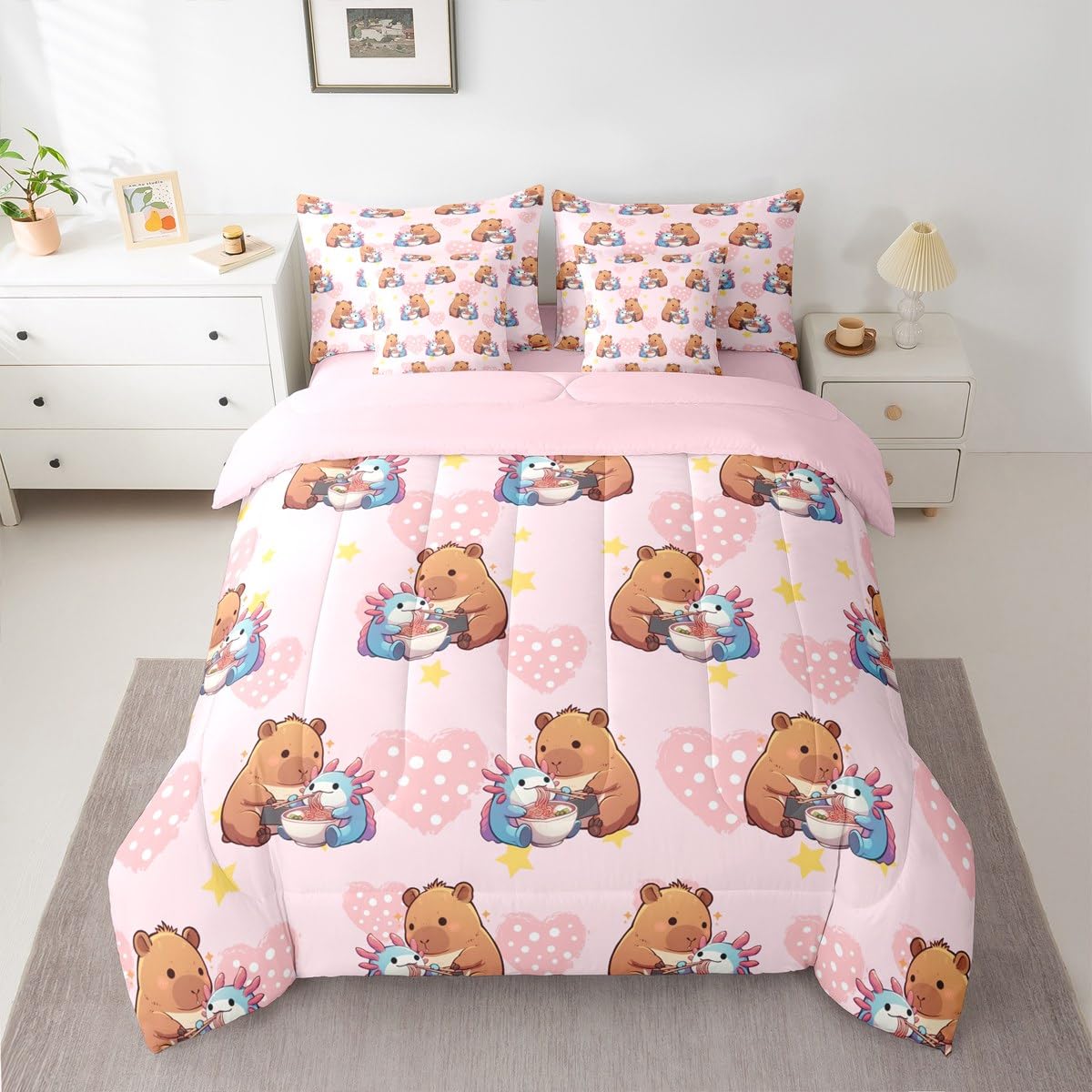 Erosebridal Girls Cute Capybara 7 Pieces Bedding Set, Axolotl Bed in a Bag Full, Capybara Feeding Noodles to Salamanders Pink Comforter Set with Sheets, Star Polka Dot Love Heart Bed Sets