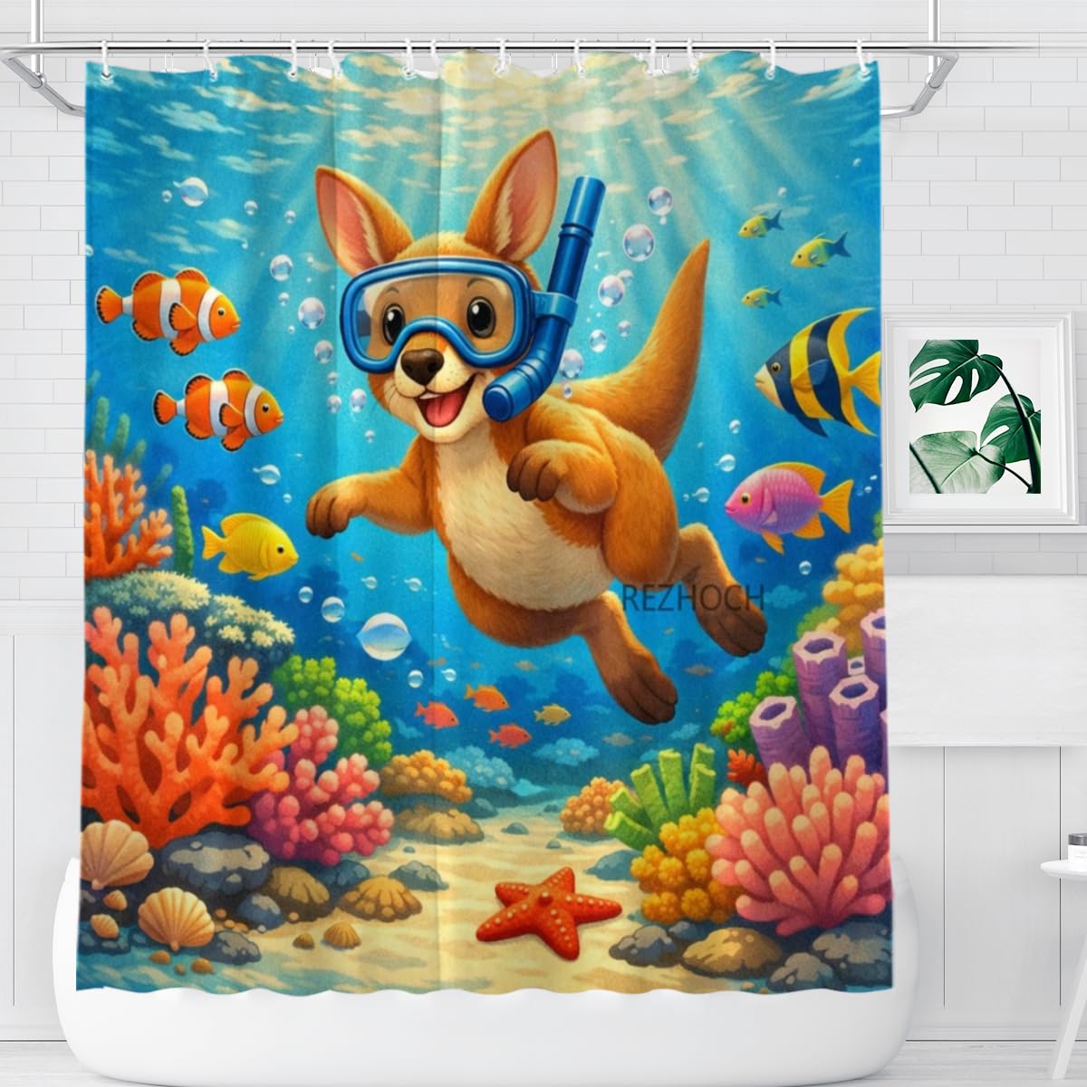 REZHOCH Kids Ocean Shower Curtain 72x72Inch Fun Kangaroo Snorkeling Underwater Tropical Fish Coral Reef Home Bathroom Decor,Boy Girl Cartoon Animal Coastal Bath Set with Hooks
