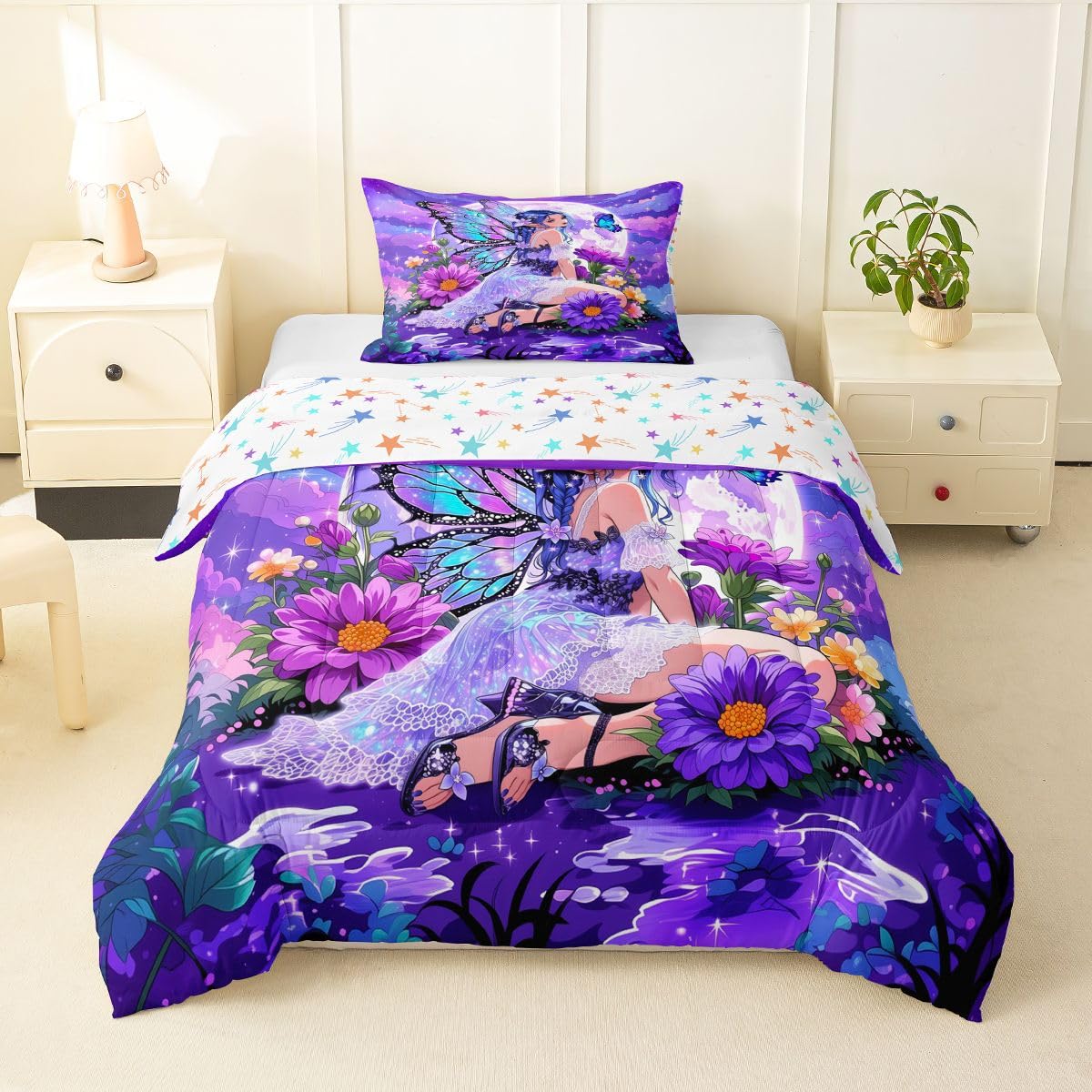 Erosebridal Fairy Girl Bedding Sets Twin - Flower Fairytale Comforter Set for Kids Adults Blue Butterfly Floral Decor Duvet Insert Purple Galaxy Moon Quilt