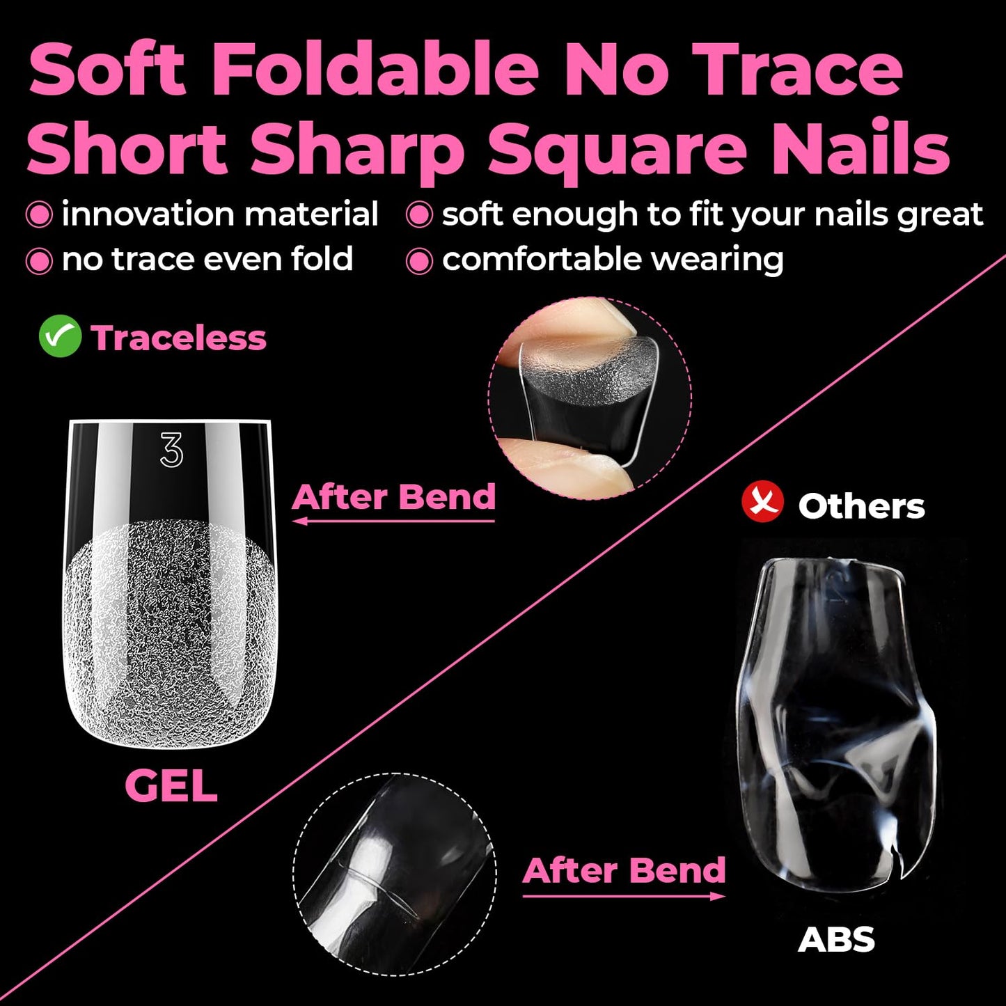 UAN GELLA Short Sharp Square Nail Tips 504pcs Short Square Press on Nails Pre Etched Acrylic Fake Nails for Full Cover Nail Tips DIY Nails Salon at Home 12 Sizes