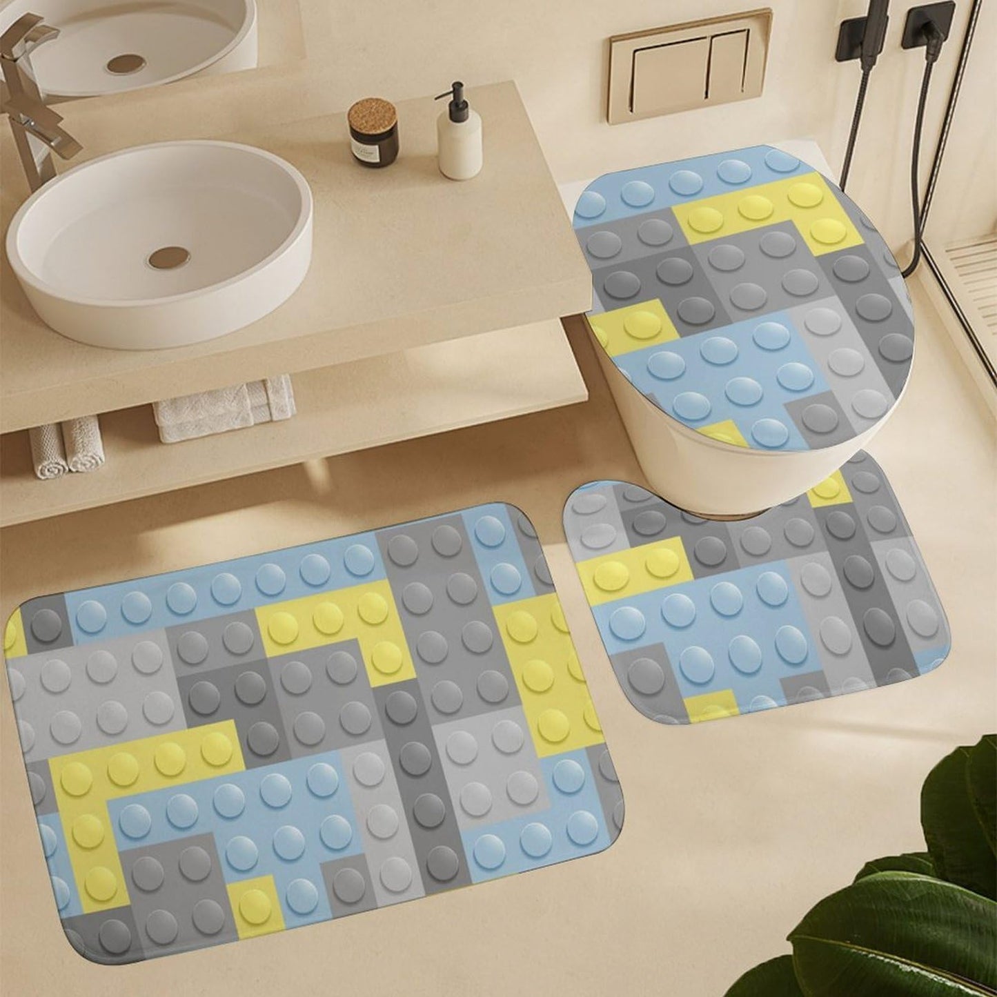 Building Blocks Bathroom Set, Funny Shower Curtain Set 4PCS with Non-Slip Rugs, Toilet Lid Cover Bath Mat and 12 Hooks