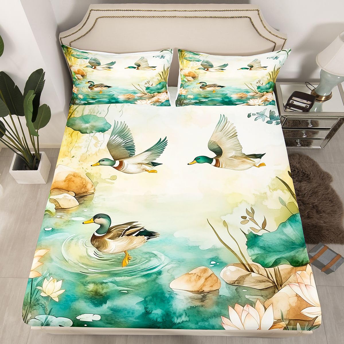 Erosebridal Wild Duck Sheet Set Full | Hunting Wild Animal Bed Sheets for Kids Boys Girls Natural Rustic Design Flat Fitted Sheet Lodge Cabin Farmhouse Sheets 3 Pcs