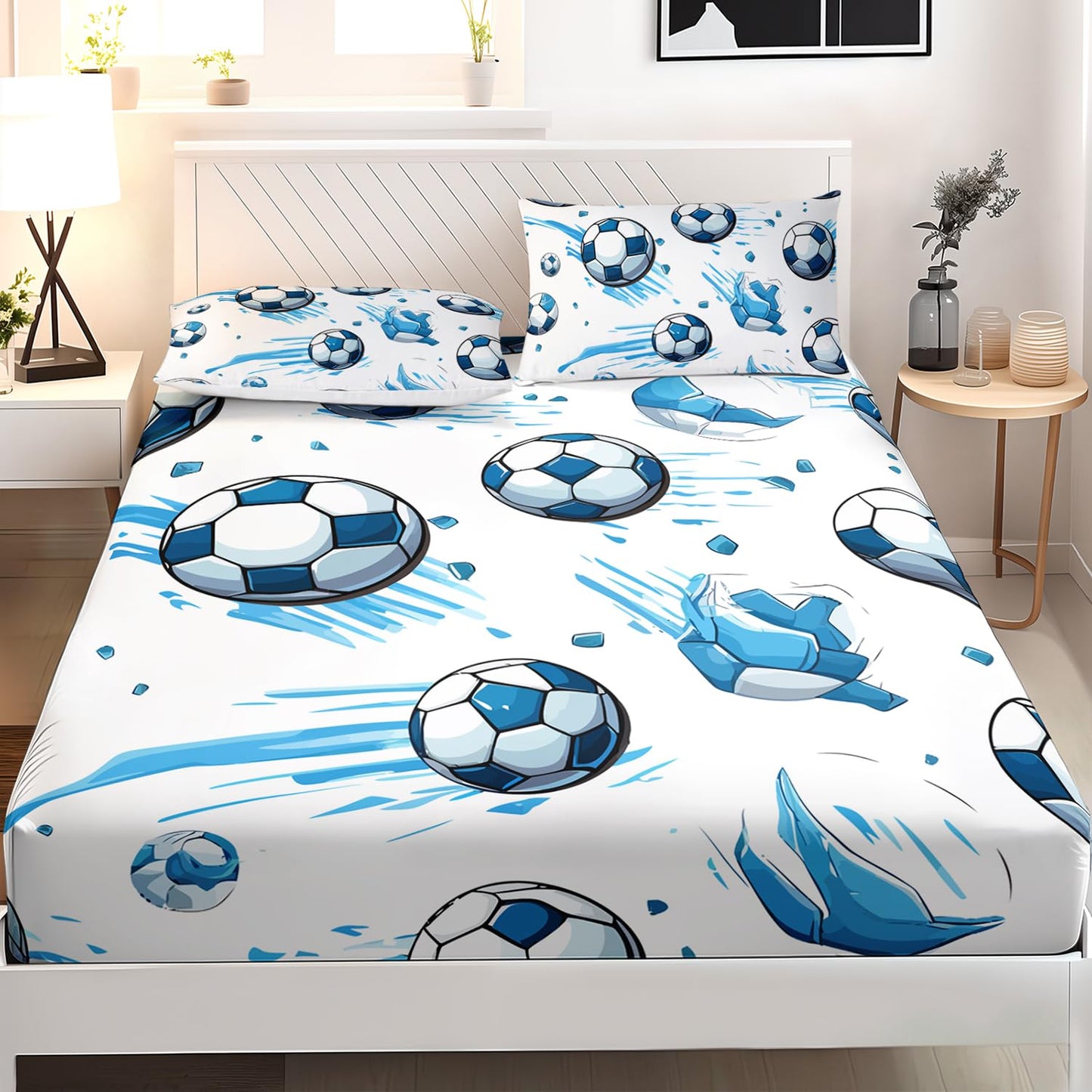 AILONEN Kids Soccer Full Size Fitted Sheet Set, Sport Football Bed Sheet, Blue Graffiti Bedding for Boys Adults, 1 Fitted Sheet With 2 Pillowcases, 3 Piece