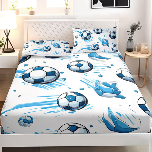 AILONEN Kids Soccer Full Size Fitted Sheet Set, Sport Football Bed Sheet, Blue Graffiti Bedding for Boys Adults, 1 Fitted Sheet With 2 Pillowcases, 3 Piece