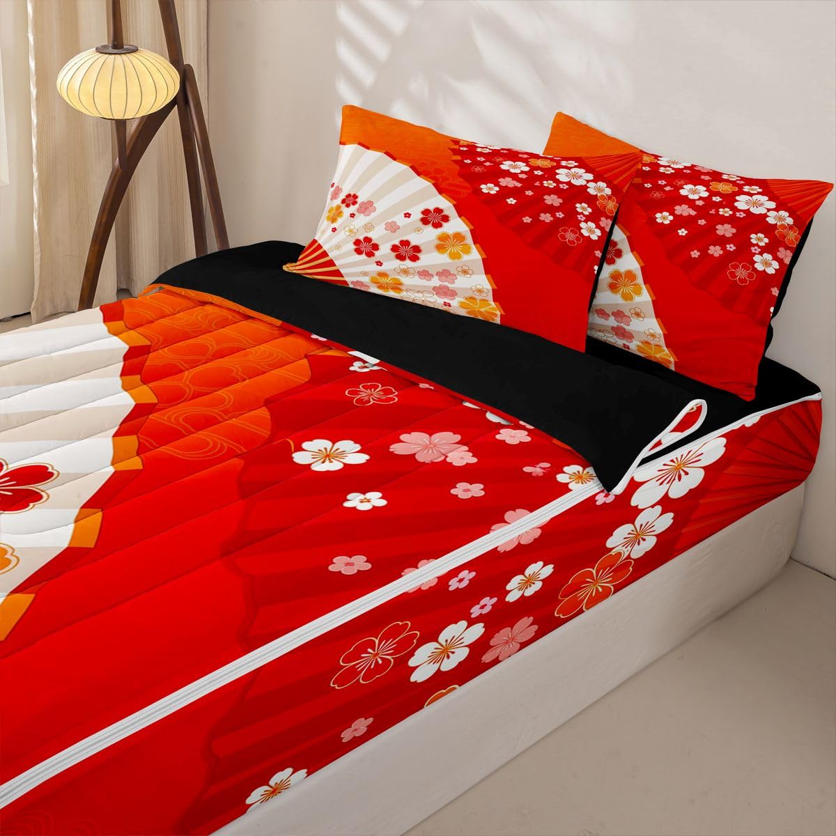 Erosebridal Japanese Style Fan Zipper Bedding Twin Size, Japan Fan Cherry Blossoms Kids Comforter Set - Asian Themed Zip Up Comforter Bed in A Bag
