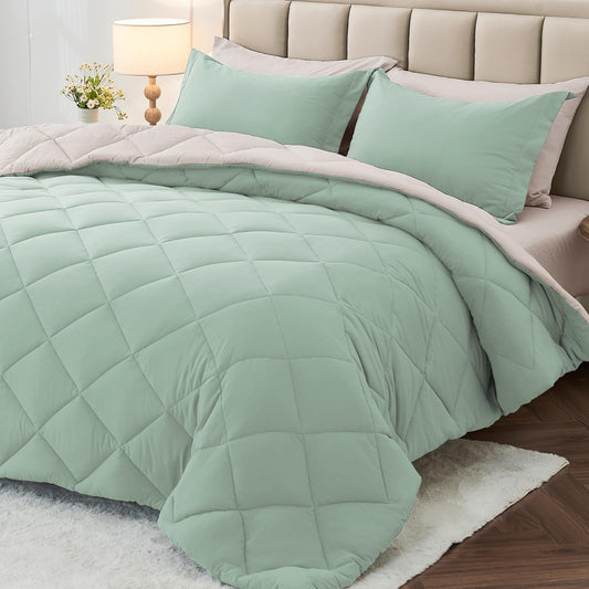 MUXHOMO 7 Pieces California King Comforter Set, Reversible Bed in a Bag Cal King Size, All Season Bedding Set with Comforter, Flat Sheet, Fitted Sheet, Pillowcases & Shams, Sage Green & Beige