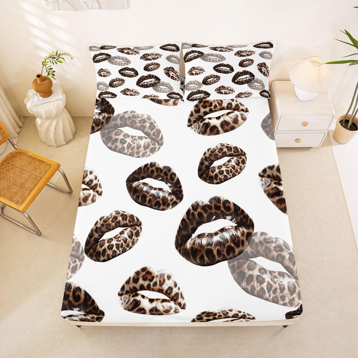 Feelyou Leopard Print Lips Fitted Sheet with 2 Pillowcases Full Size Romantic Kissing Lips Bed Sheets Set 16" Deep Pocket Boys Girls Cheetah Print Bedding Teens Bedroom Decor Soft Microfiber