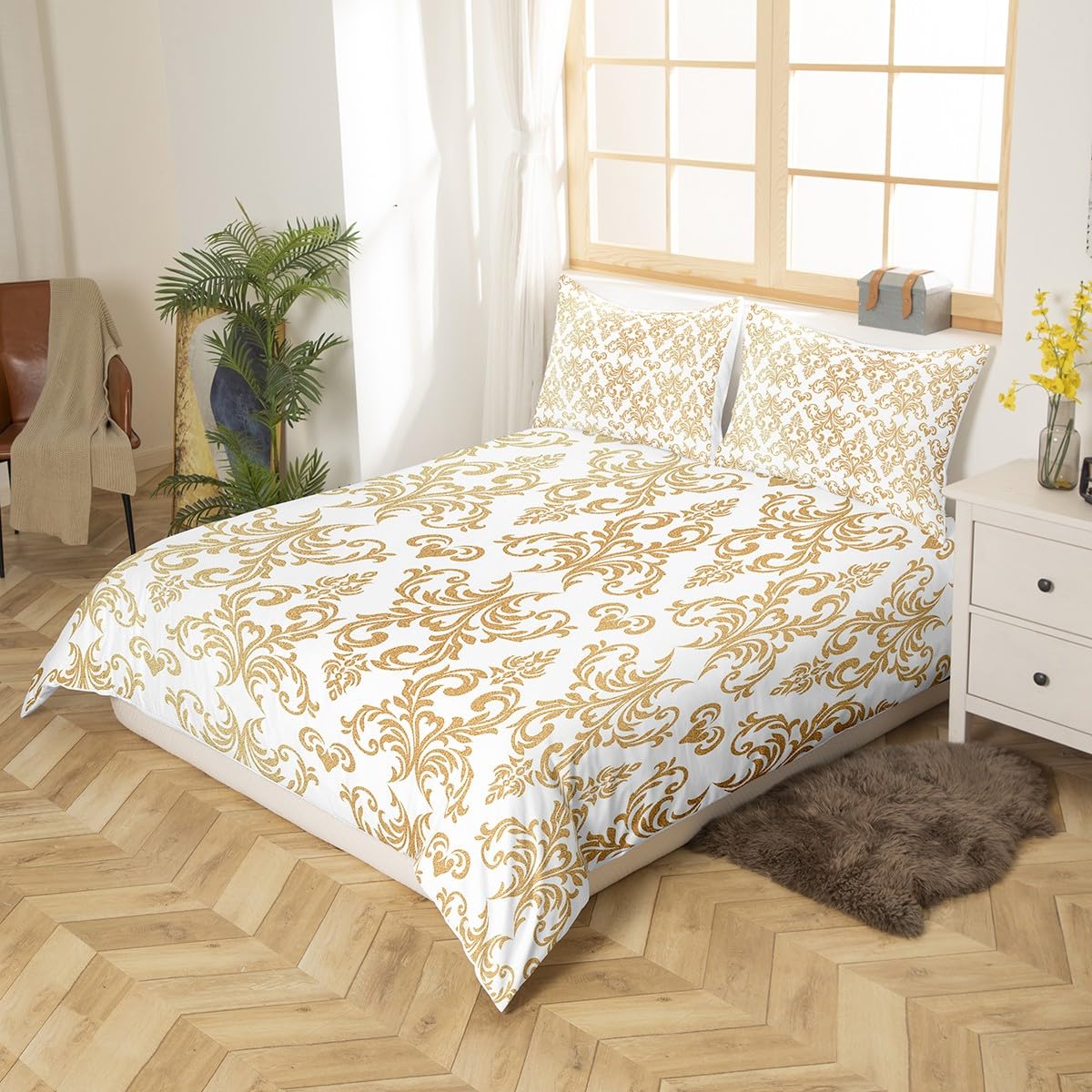 Feelyou Jacquard Damask Bedding Set King Size Floral Duvet Cover for Adult Boys Girls Teens Boho Comforter Cover Set White Gold Bedspread Cover 3Pcs Zipper