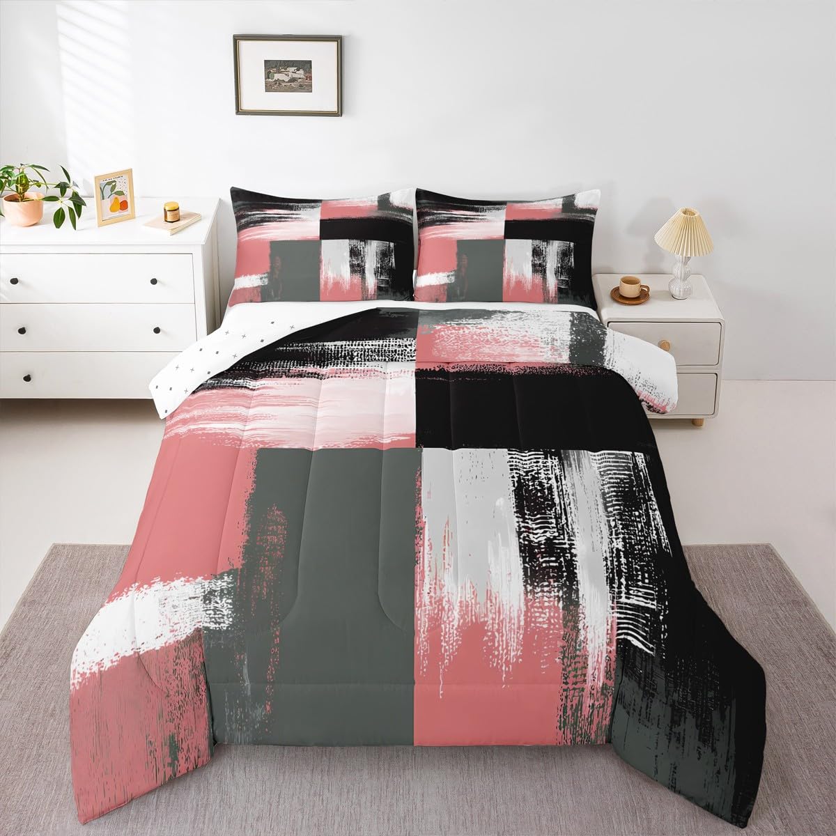 Feelyou Buffalo Check Comforter Set Geometric Comforter for Kids Boys Girls Teens Geometric Pink Grey Black White Bedding Set Breathable Modern Art Duvet Set Room Decor Quilt Set Queen Size