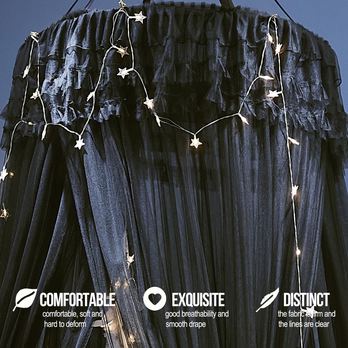 Kertnic Dreamy Bed Canopy for Girls, Princess Canopy Curtains Double Layer Sheer Mesh, Adults Canopies Netting Room Decor Tent Mosquito Net for Queen King Bed (Double Layer-Black)