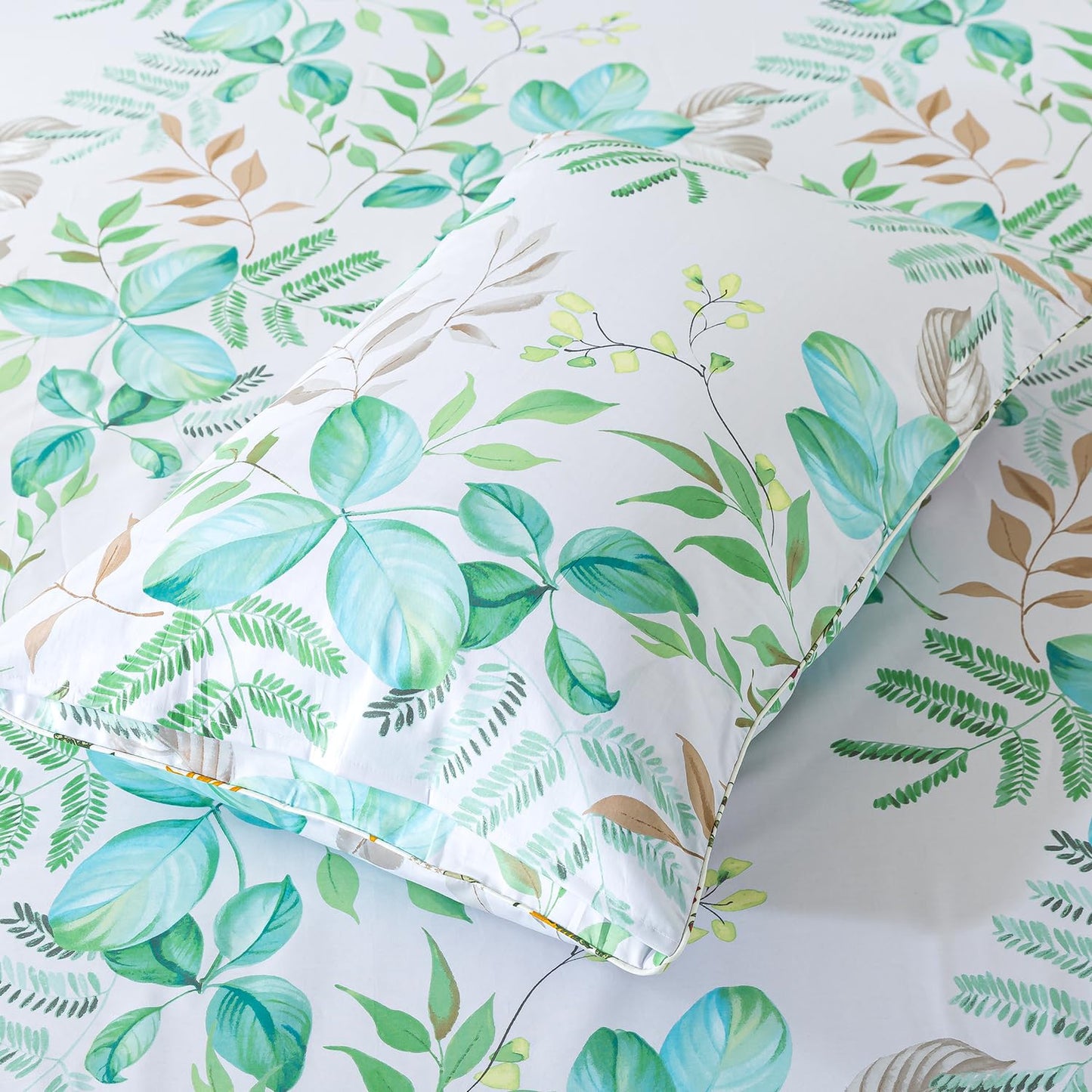 FADFAY Twin Sheet Set 100% Cotton Teal Green Leaf Print, Modern Botanical Bed Sheets, Soft Crisp & Breathable Deep Pocket Fitted Sheet, Luxury 4-Piece Bedding Set