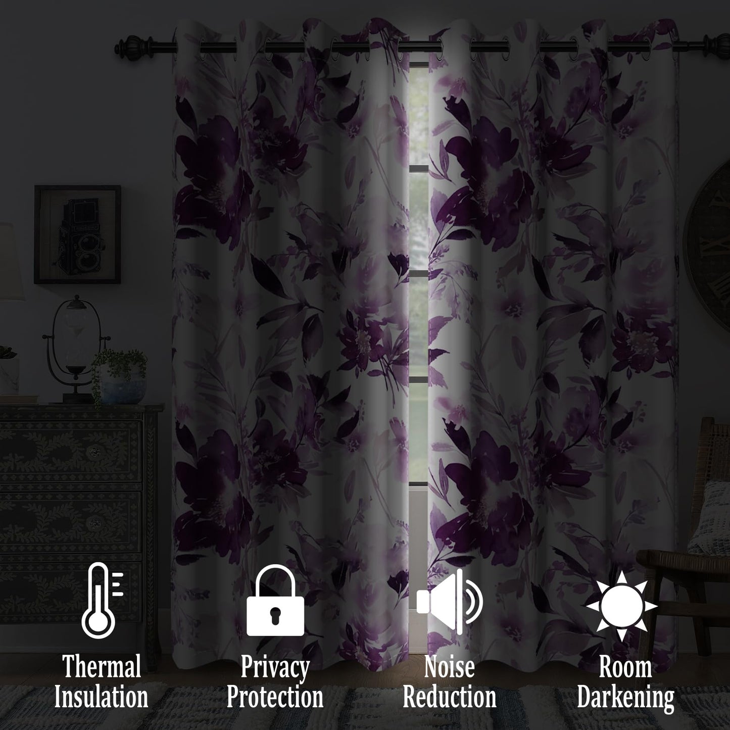Renaiss Purples Floral Blackout Curtains for Bedroom Watercolor Flower Leaves Window Curtain Modern Abstract Ink Art Thermal Insulated Window Drapes for Living Room 2 Panels Set, 42x63 Inch
