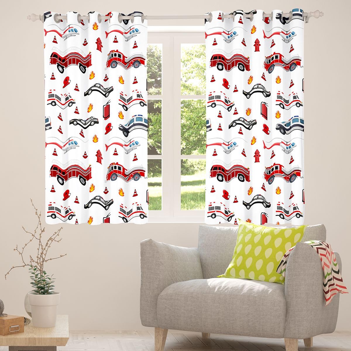 Feelyou Truck Curtains for Bedroom Living Room Fire Truck Blackout Shades Car Room Darkening Curtain Firefighter Window Treatments, 2 Panels 52 x 84 Inch Firemen Car Vehicle Decor