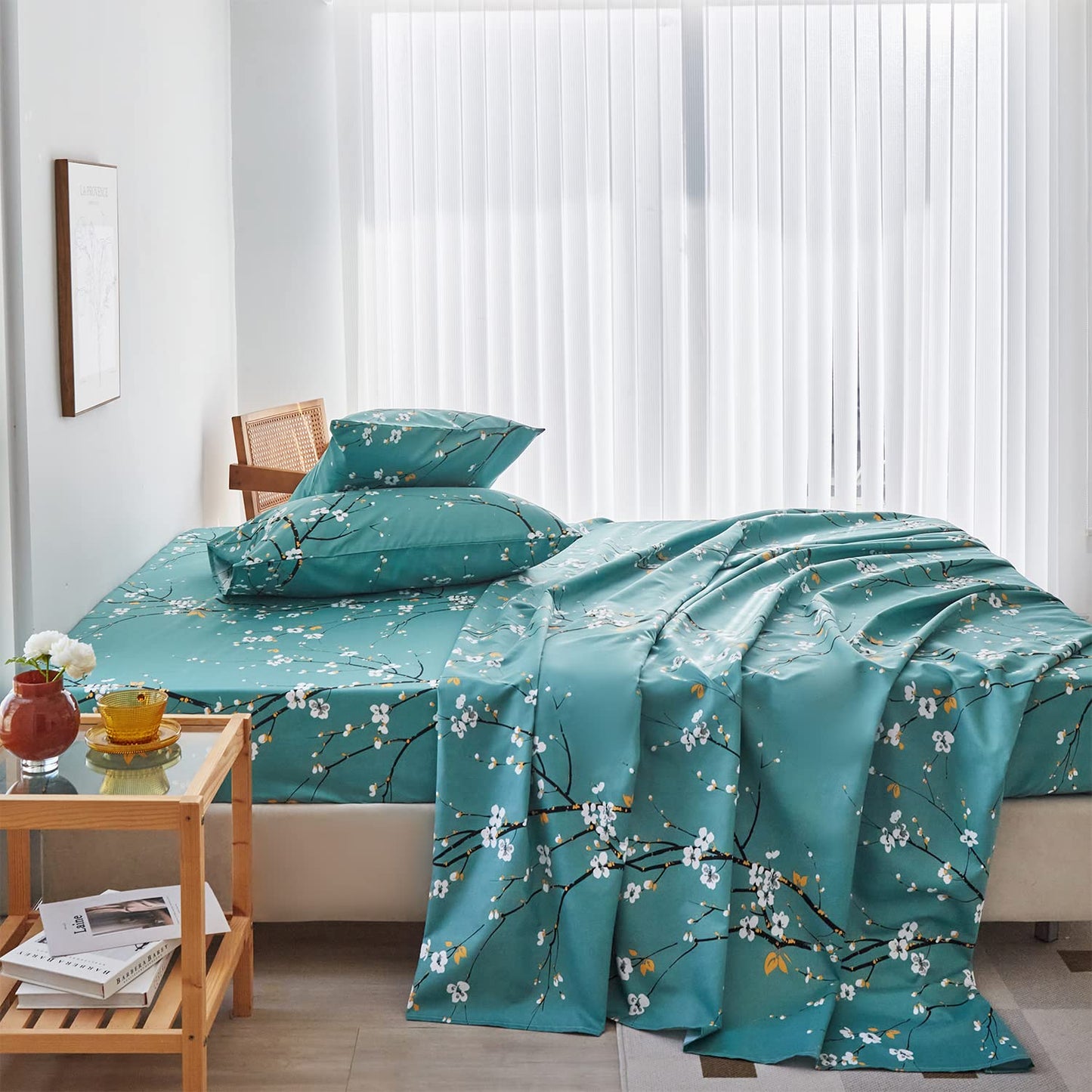 ZRNBAST Teal Sheet Set 4 Pcs King Sheet Set Floral Print Flat Sheet Fitted Sheet Farmhouse Style Chic Bedding Sheets Easy Fit Microfiber Sheets-All Seasons (Teal, King)