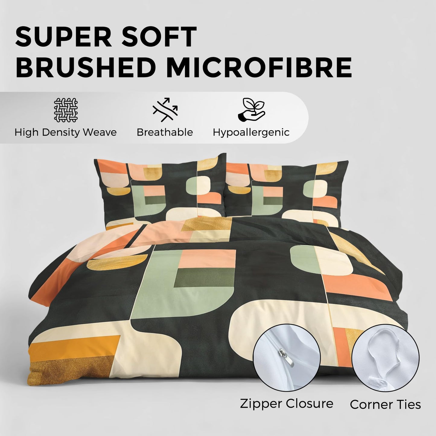 Abstract Geometric Duvet Cover Twin Size, Mid Century Modern Bedding Set 2 pcs with 1 Pillow Cover, Abstract Art Bedroom Decor, Soft Microfiber Reversible, Zipper & Ties KJJT 15