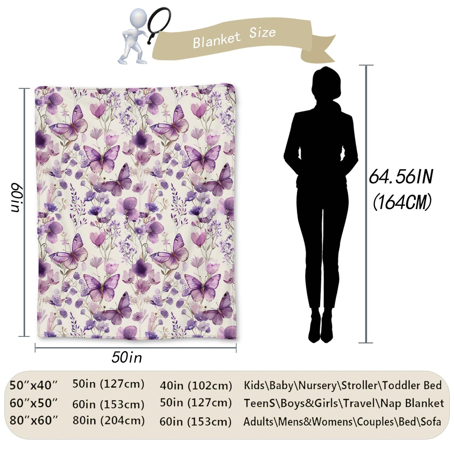 Ti Caldi Elegant Purple Butterfly and Floral Blanket, Soft Flannel Throw Blanket for Couch, Bed, Travel, Living Room & Home Decor, Lightweight Cozy Warm Fuzzy Blankets for Adults Women Girls 60×50 in