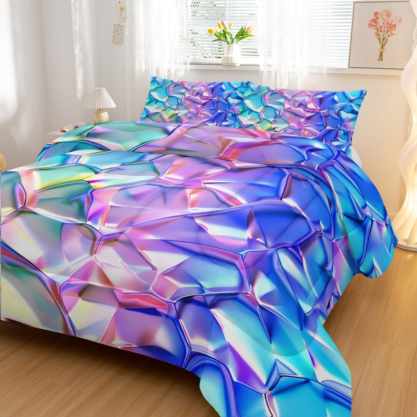 Nttopship Purple and Blue Abstract Art Comforter Modern Abstract Comforter Set,Laser Gradient Bedding Set Full Size,Mordern Art Decor All Season Lightweight Soft Microfiber with 2 Pillow Shams