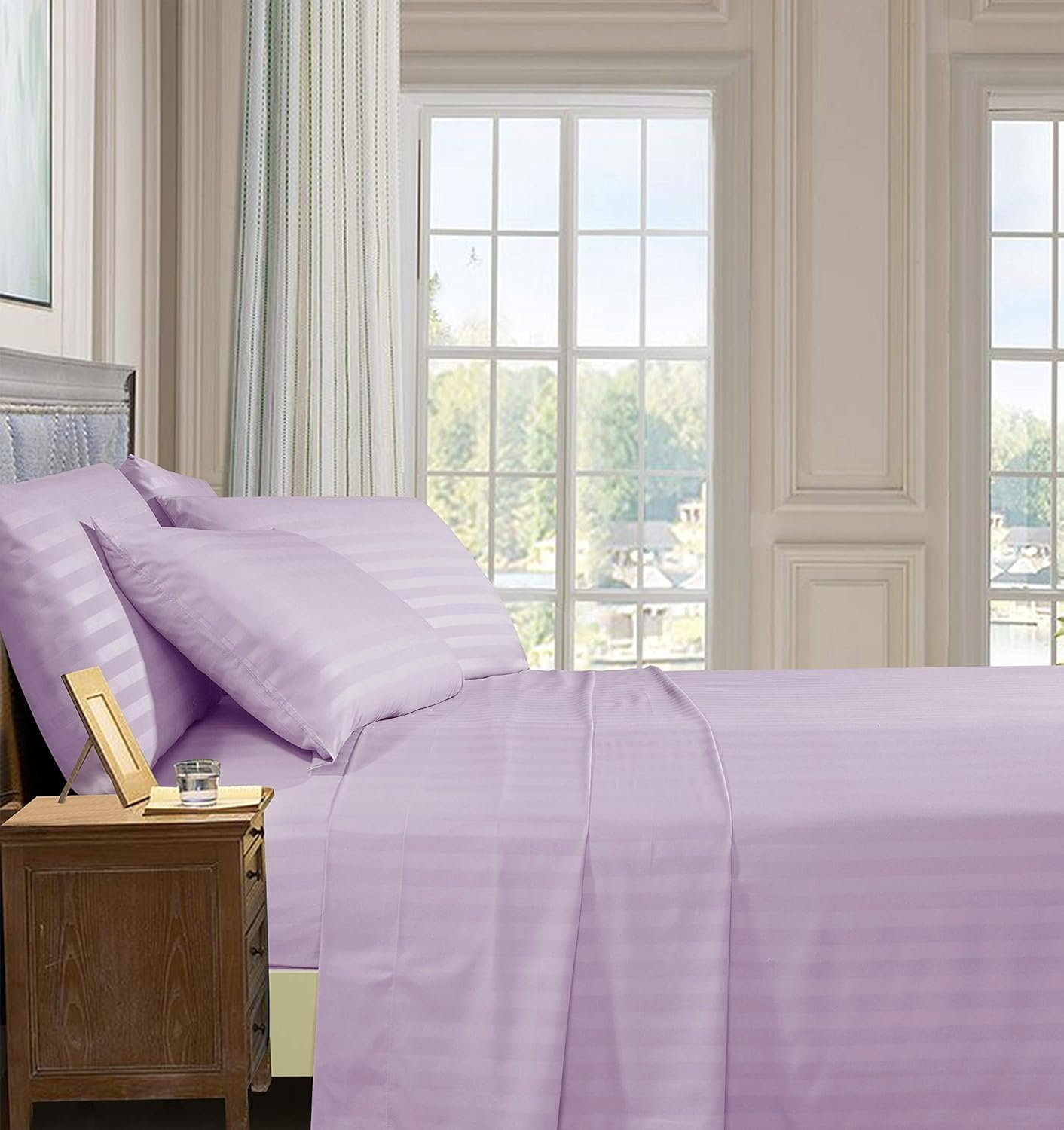 Elegant Comfort Luxury Soft Bed Sheets Dobby Stripe 1500 Premium Hotel Quality Microfiber Softness Wrinkle and Fade Resistant (4-Piece) Bedding Set, Twin XL, Stripe Periwinkle Lavender