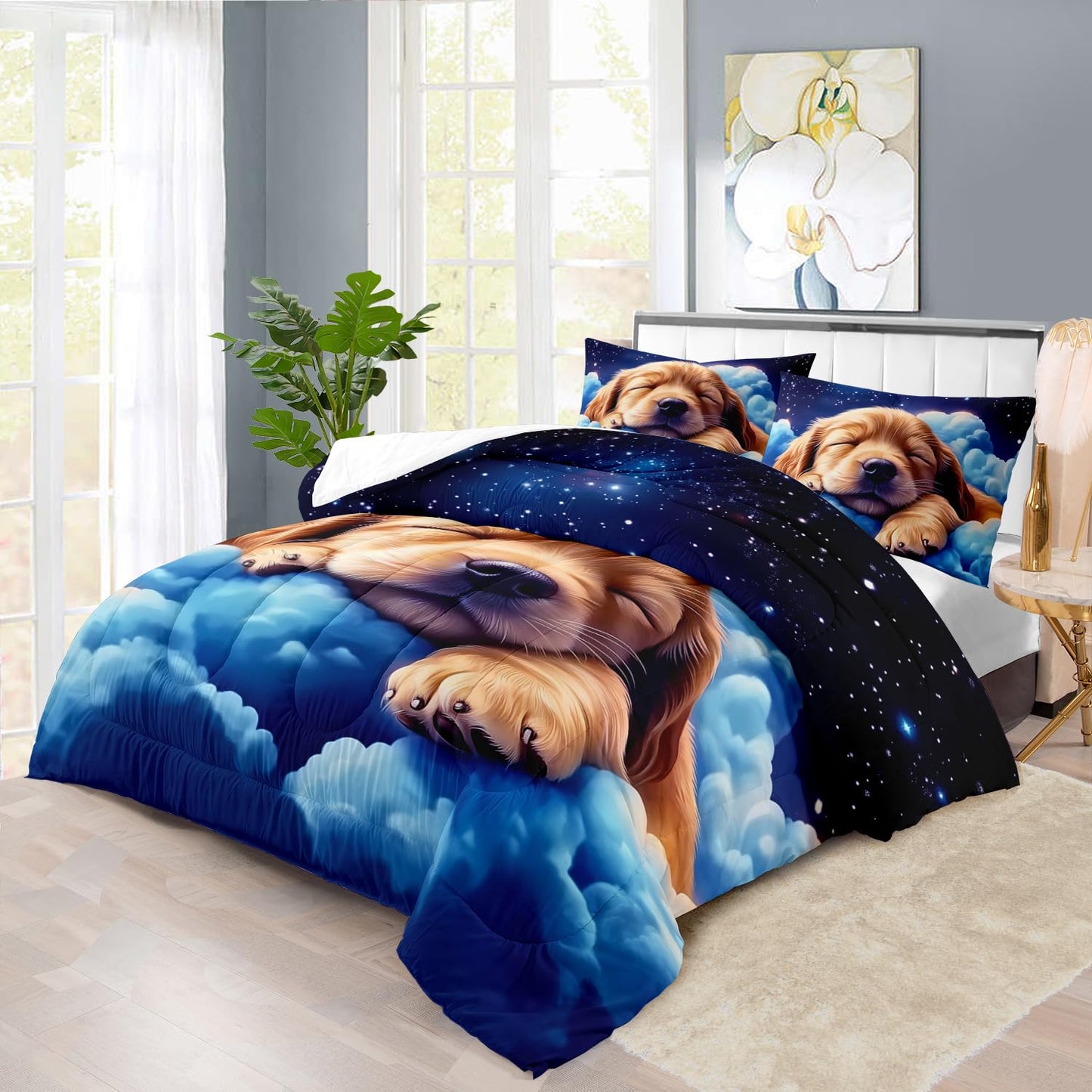 llyxsesty Blue Cute Dog Comforter Set Queen for Kids Blue Animal Bedding Set Boys Kawaii Dog Kids Comforter Queen Quilt Animal Bedroom Decor Starry Sky Bedding Bedroom Decor