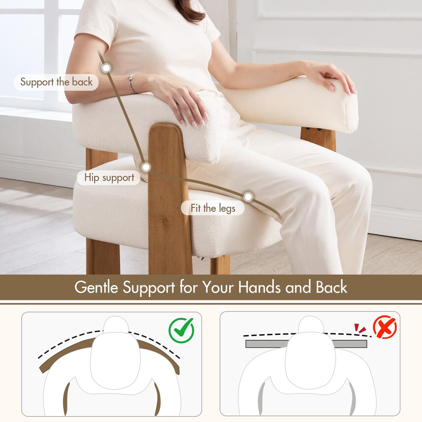 Hyfirm Set of 2 Modern Boho Barrel Dining Chairs with Wood Legs, White Upholstered Accent Armchairs with Thick Padded Cushion for Kitchen, Minimalist Natural Chic Chairs for Living Room