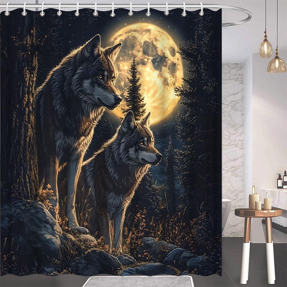 Wolf Shower Curtain Wild Animal Stand Under Super Moon Black Grey Starry Pine Tree Misty Forest Safari Country Hunting Theme Bathroom Polyester Curtains Set with Hooks 70x70 Inch