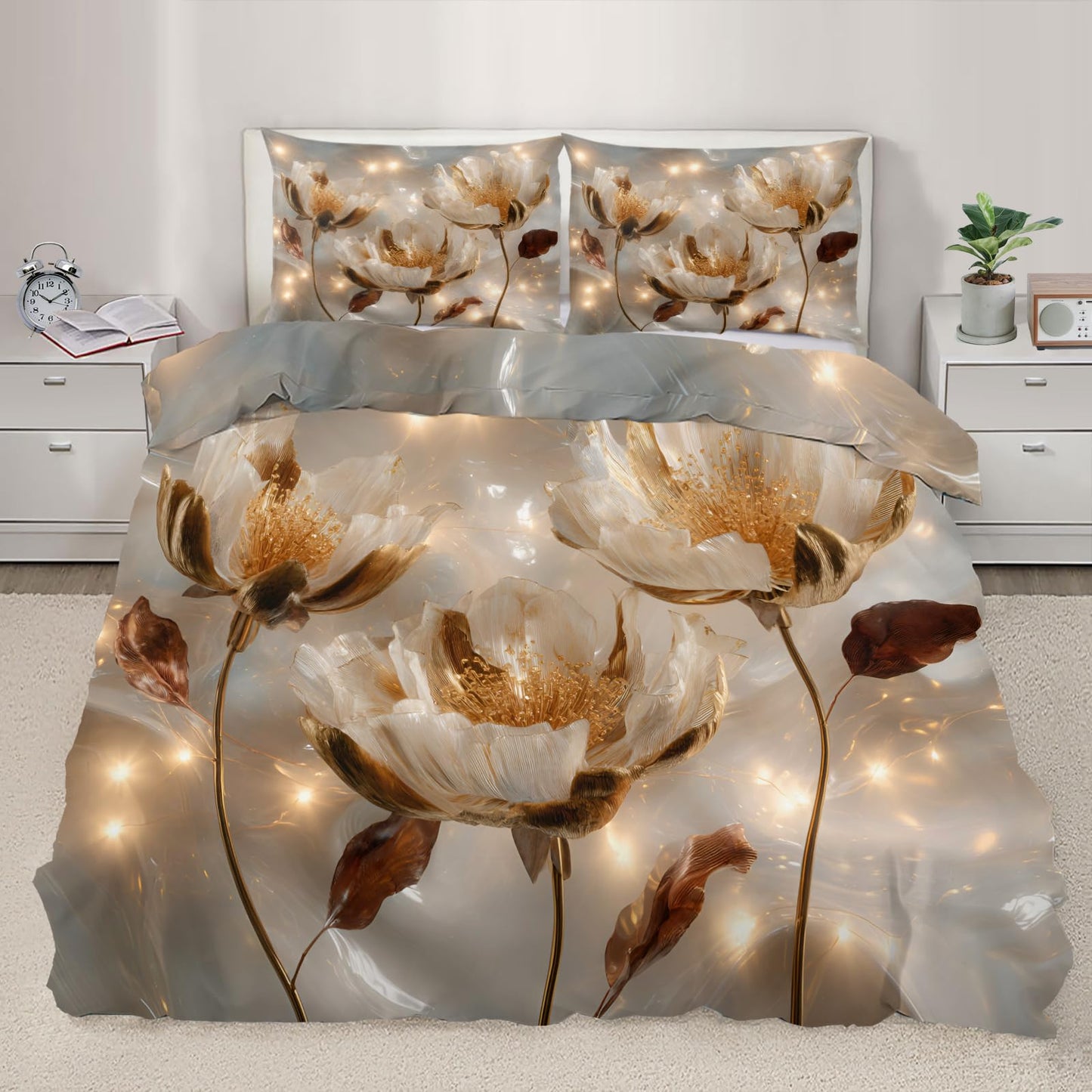 ZAOMIR Golden Floral Duvet Cover King Size, Luxurious 3D Relief Floral Bedding Set 3 Piece, Art Abstract Blossoms Flower Patterned Comforter Cover with Zipper & Ties, 2 Pillowcases
