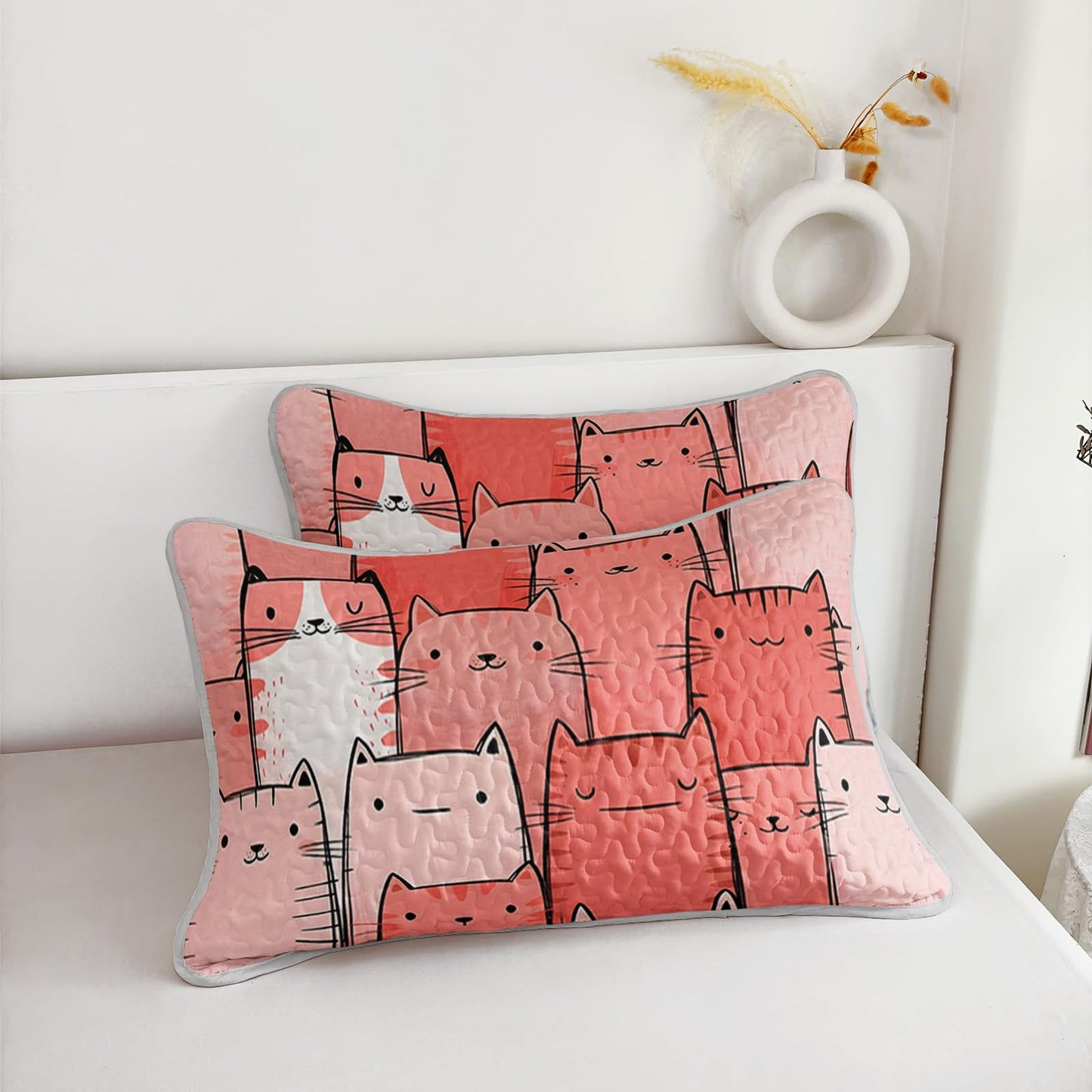 AILONEN Full Quilted Comforter 3 Piece Set, Kawaii Kitten Bedspread Coverlet with 2 Pillowcases, Breathable Coral Pet Bedding for Teens Guest Apartment Playful Feline Sketchy Style