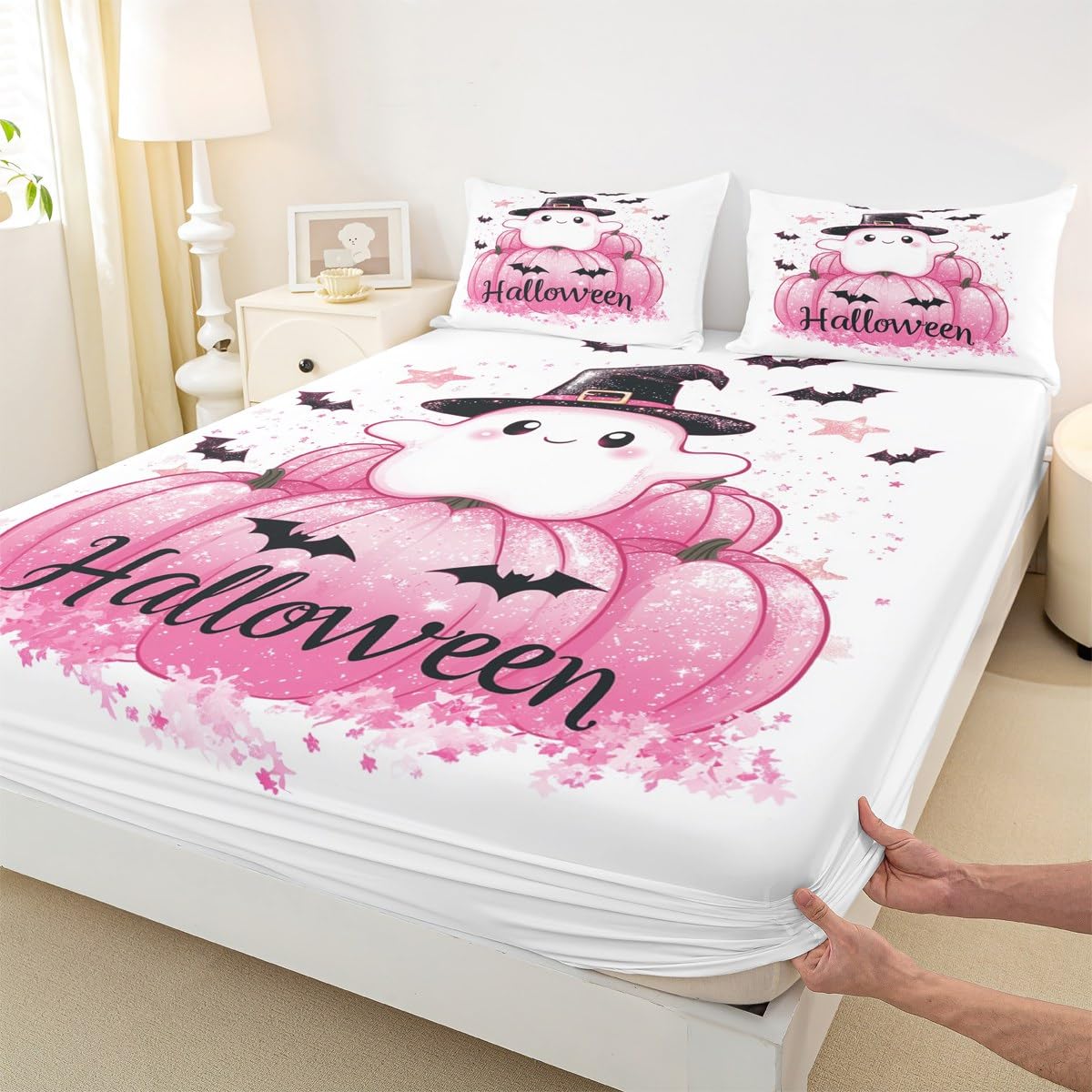 Feelyou Kids Halloween Bedding Set Full Size, Cute Ghost Bed Sheet Set Boys Girls Pink Pumpkin Fitted Sheet Black Bat Teens Bedroom Decor Bed Set 3Pcs (No Flat Sheet)